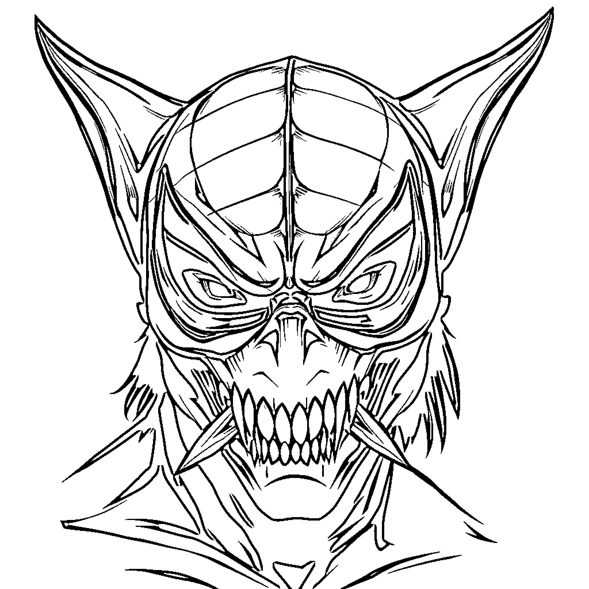 Goblin with a Terrifying Mask and Razor-Sharp Teeth Coloring Page (free black-and-white line drawing printable PDF for all, from beginners to advanced learners, including children, teens, adults, and seniors)
