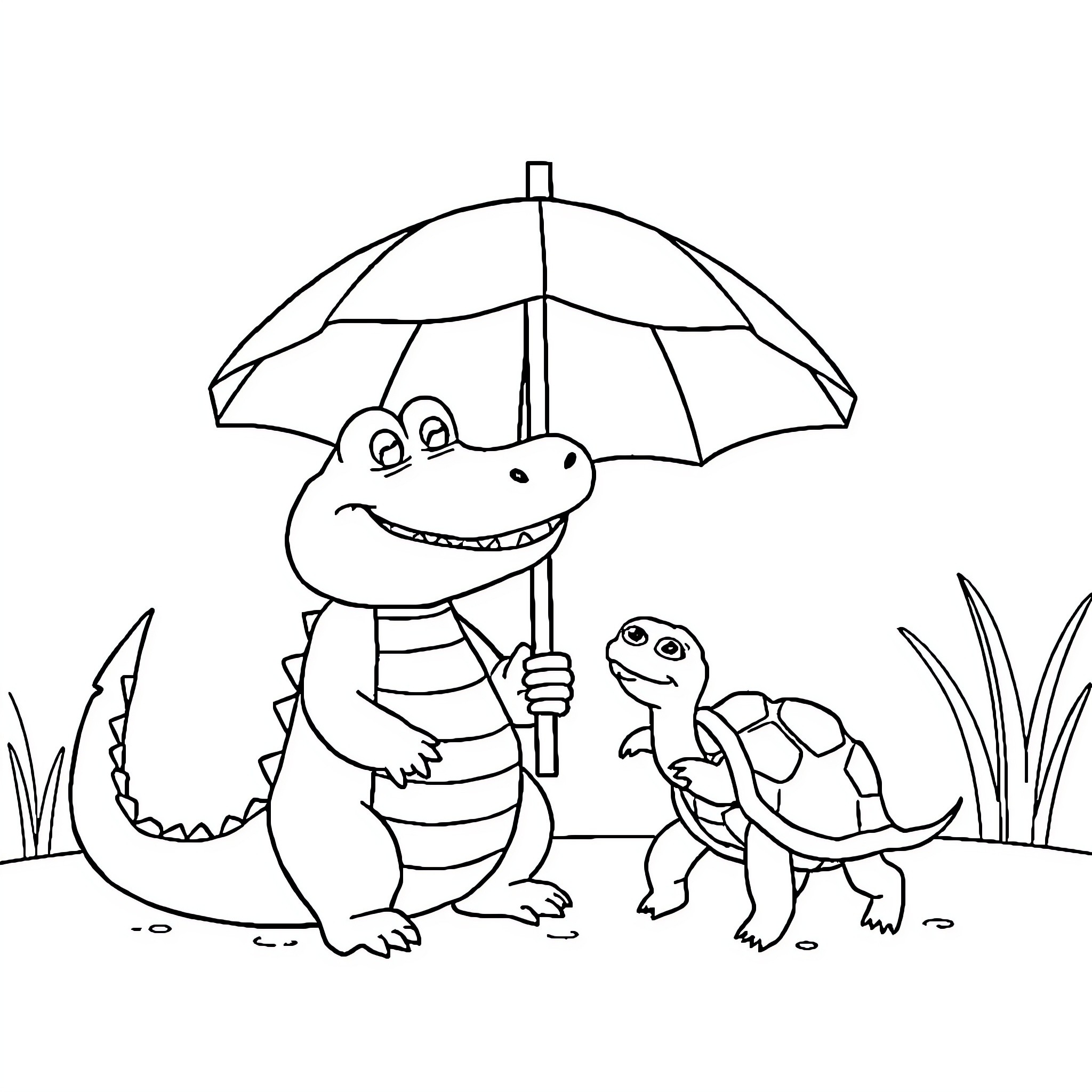 Alligator and turtle enjoying a rainy day Coloring Page (free black-and-white line drawing printable PDF for all, from beginners to advanced learners, including children, teens, adults, and seniors)