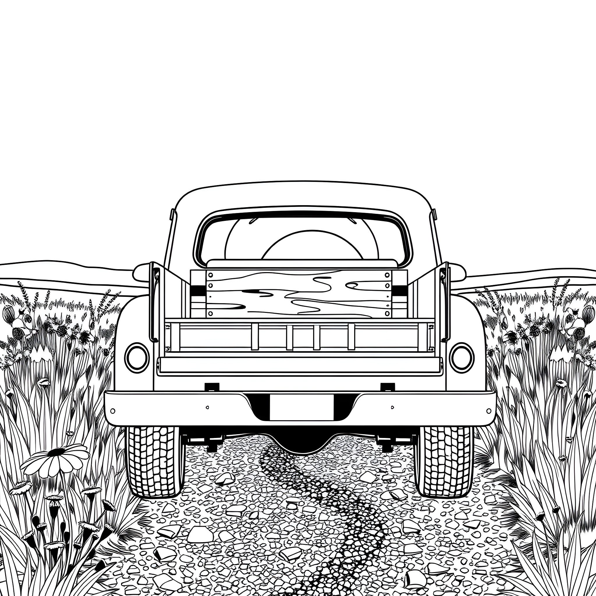 Truck in the Countryside with Vegetation Coloring Page (free black-and-white line drawing printable PDF for all, from beginners to advanced learners, including children, teens, adults, and seniors)