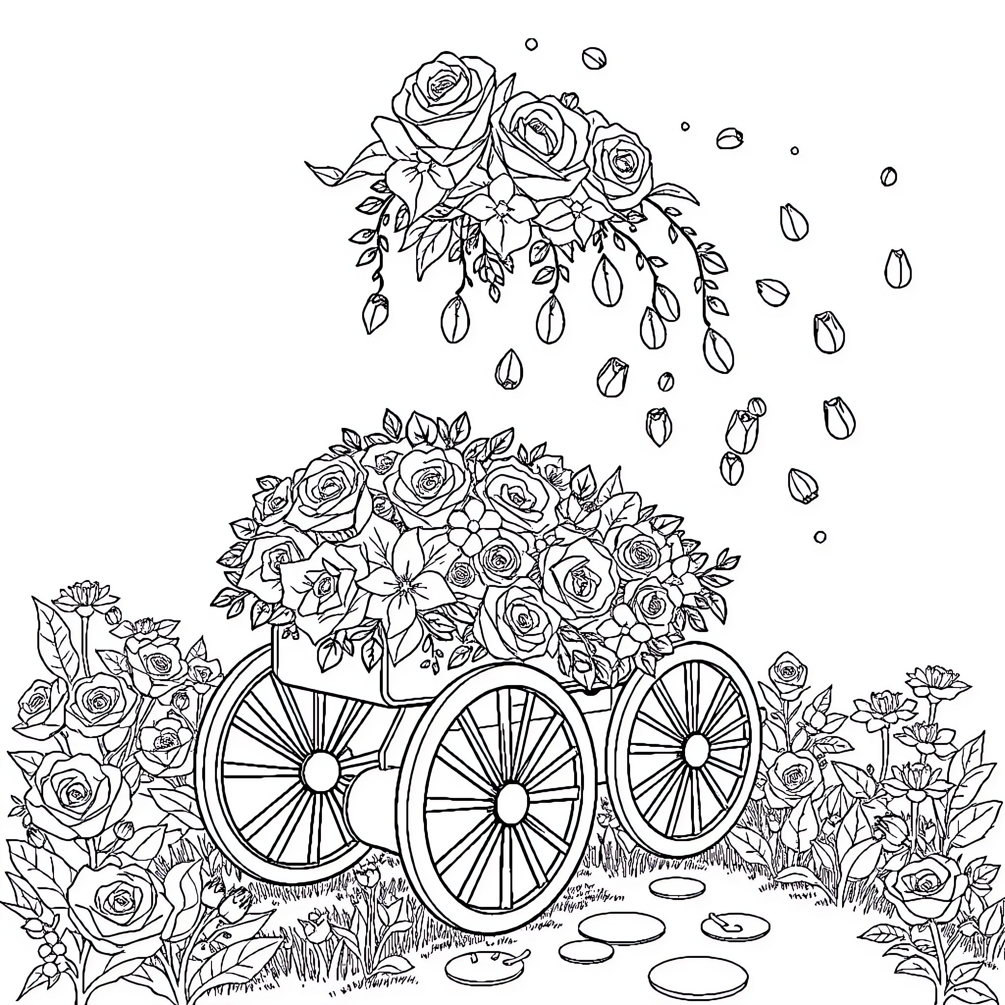 Boda Floral Wagon Overflowing with Roses Coloring Page (free black-and-white line drawing printable PDF for all, from beginners to advanced learners, including children, teens, adults, and seniors)