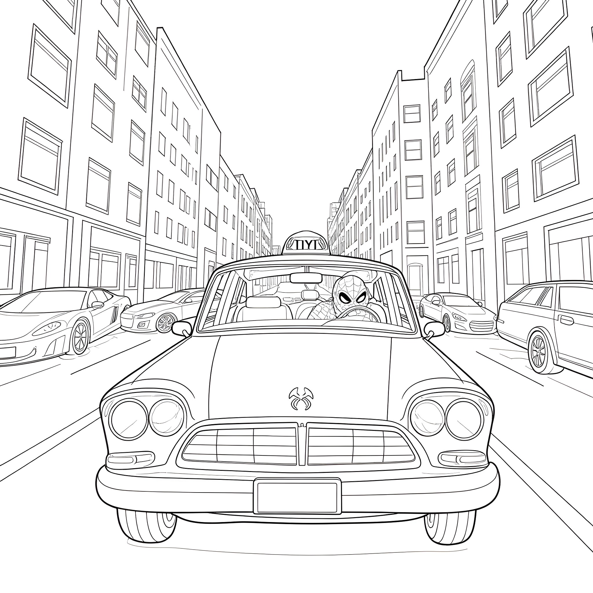 Spiderman hitching a ride in a vintage taxi cab Coloring Page (free black-and-white line drawing printable PDF for all, from beginners to advanced learners, including children, teens, adults, and seniors)