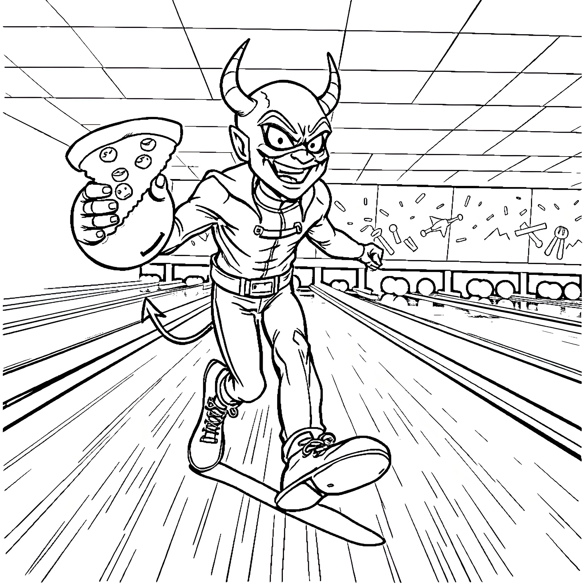 Daredevil Bowling Strike Coloring Page (free black-and-white line drawing printable PDF for all, from beginners to advanced learners, including children, teens, adults, and seniors)
