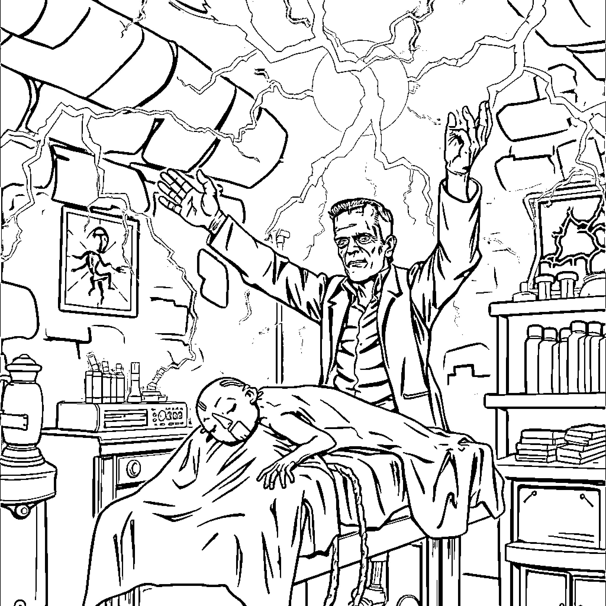 Frankenstein's Laboratory: Creation and Chaos Coloring Page (free black-and-white line drawing printable PDF for all, from beginners to advanced learners, including children, teens, adults, and seniors)