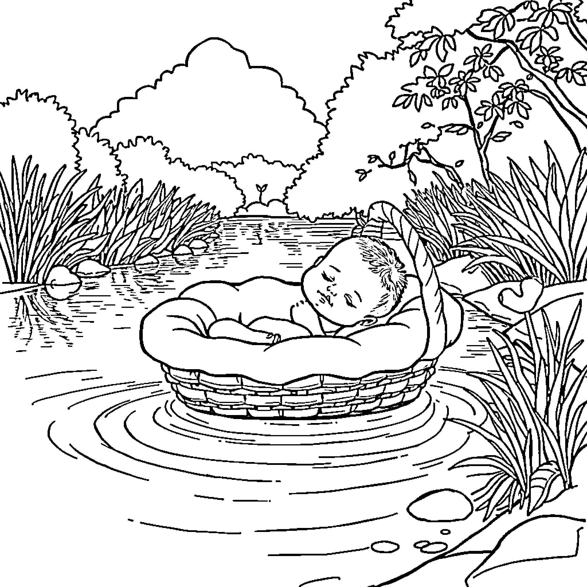 Baby sleeping peacefully in a basket by the lake Coloring Page (free black-and-white line drawing printable PDF for all, from beginners to advanced learners, including children, teens, adults, and seniors)