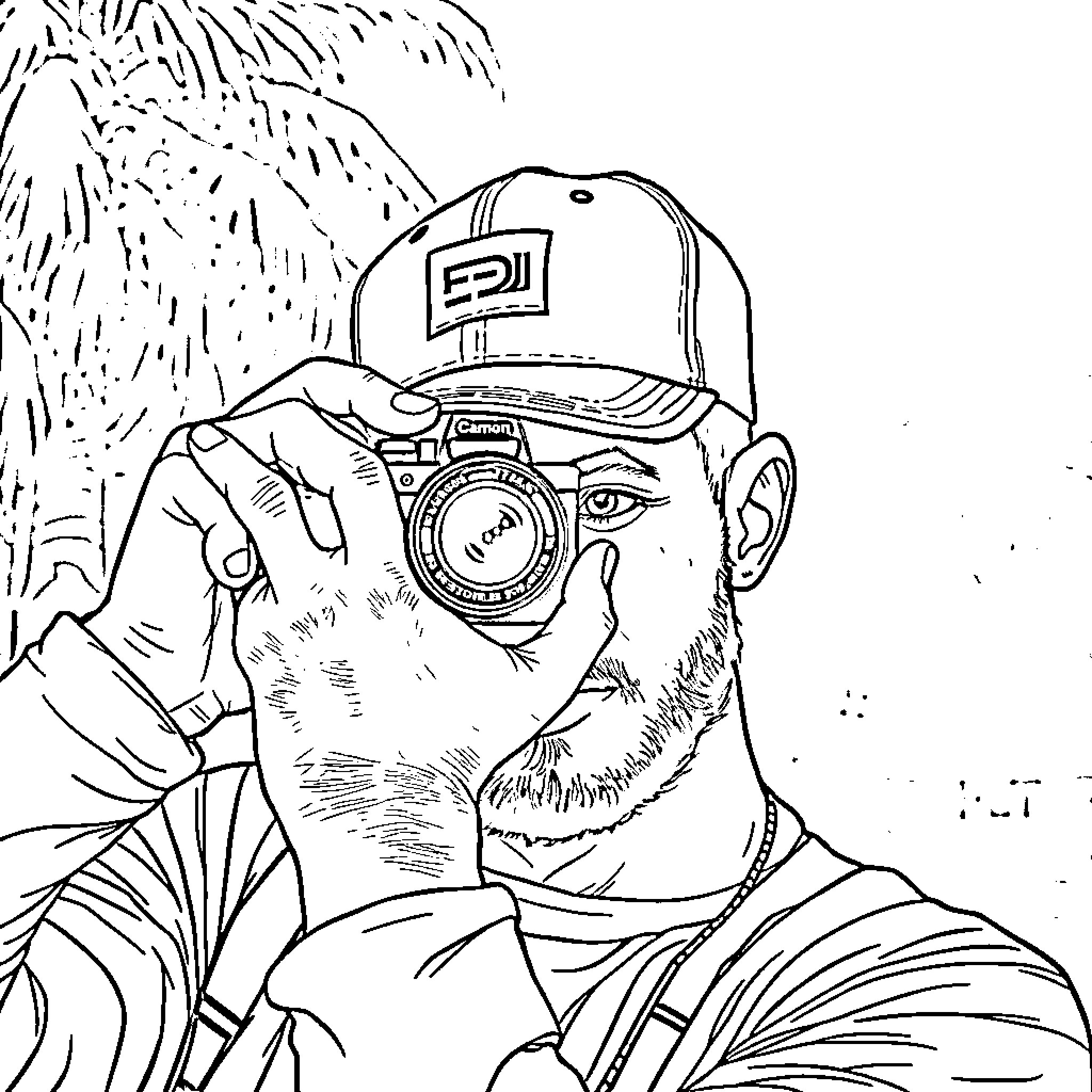 Man capturing a moment with his camera Coloring Page (free black-and-white line drawing printable PDF for all, from beginners to advanced learners, including children, teens, adults, and seniors)