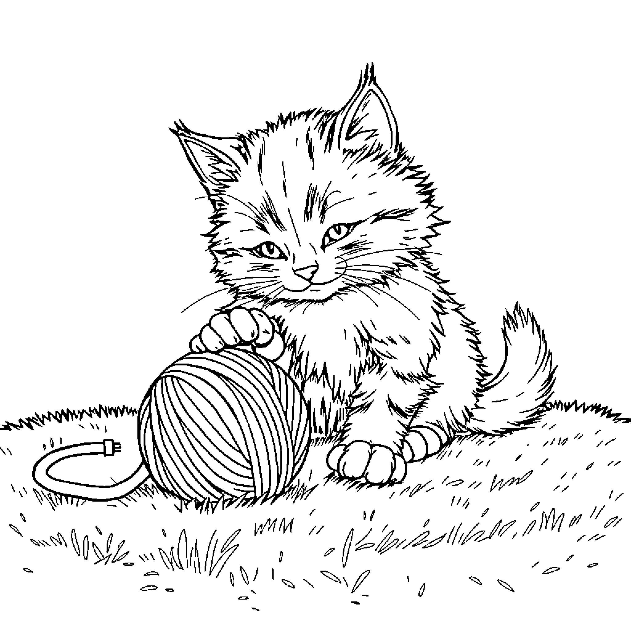 Cat playing with yarn on the grass Coloring Page (free black-and-white line drawing printable PDF for all, from beginners to advanced learners, including children, teens, adults, and seniors)