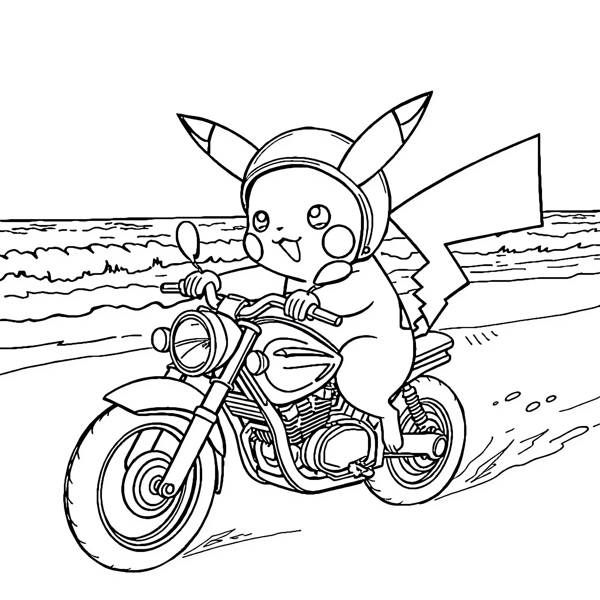Pikachu riding a motorcycle on the beach Coloring Page (free black-and-white line drawing printable PDF for all, from beginners to advanced learners, including children, teens, adults, and seniors)