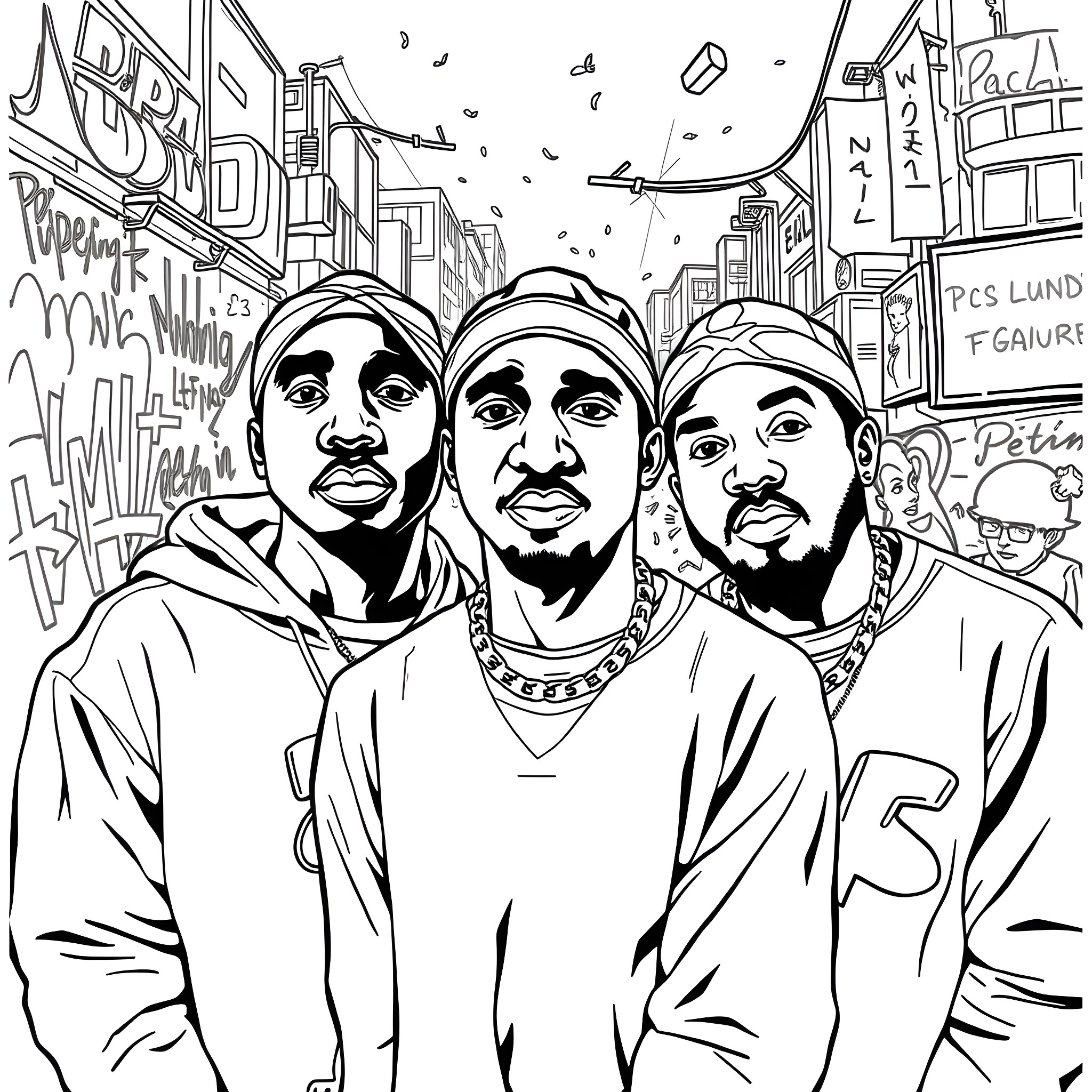 N.w.a Portraits of Influential Hip-Hop Artists Coloring Page (free black-and-white line drawing printable PDF for all, from beginners to advanced learners, including children, teens, adults, and seniors)