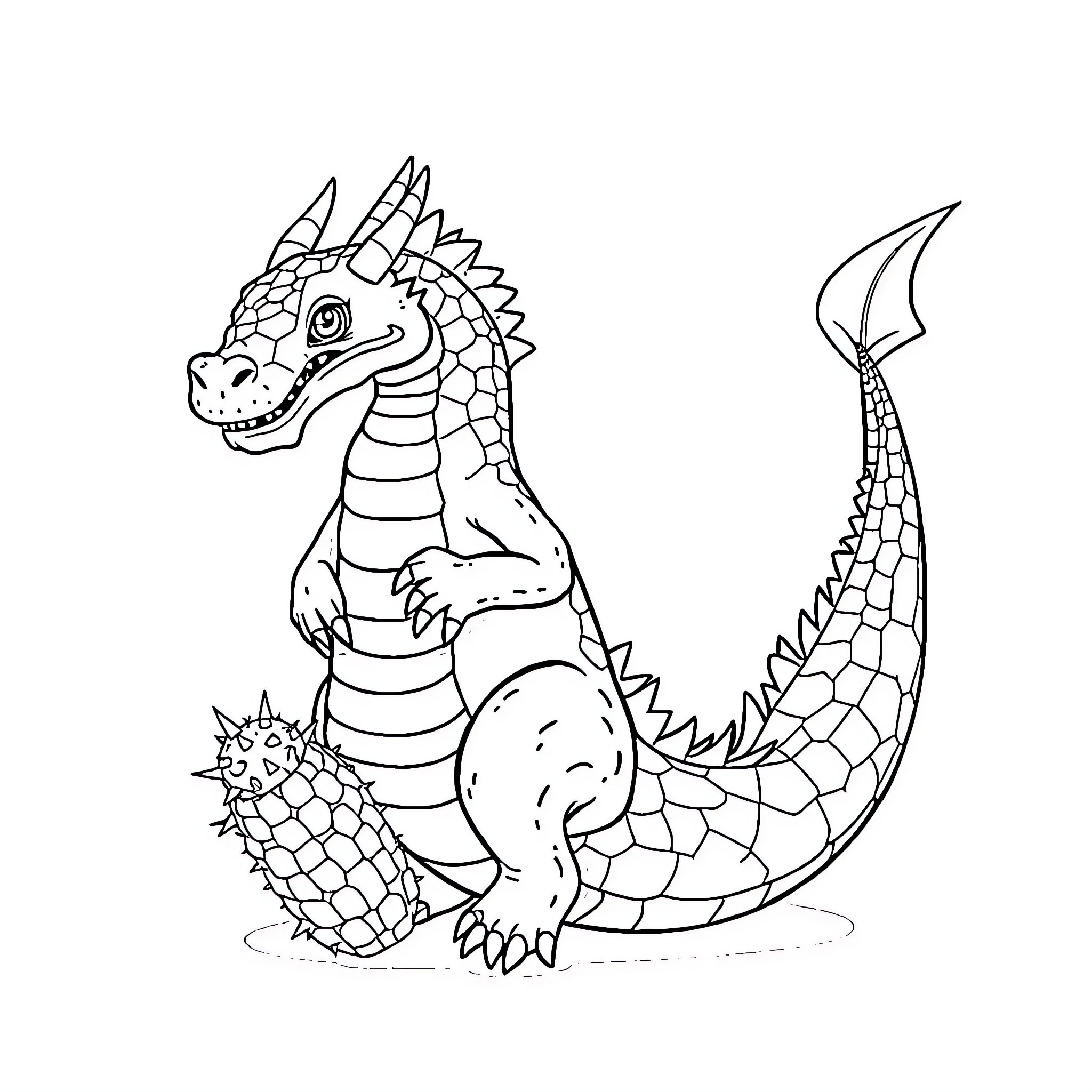 Dragon Playfully Stretching Its Limbs Coloring Page (free black-and-white line drawing printable PDF for all, from beginners to advanced learners, including children, teens, adults, and seniors)
