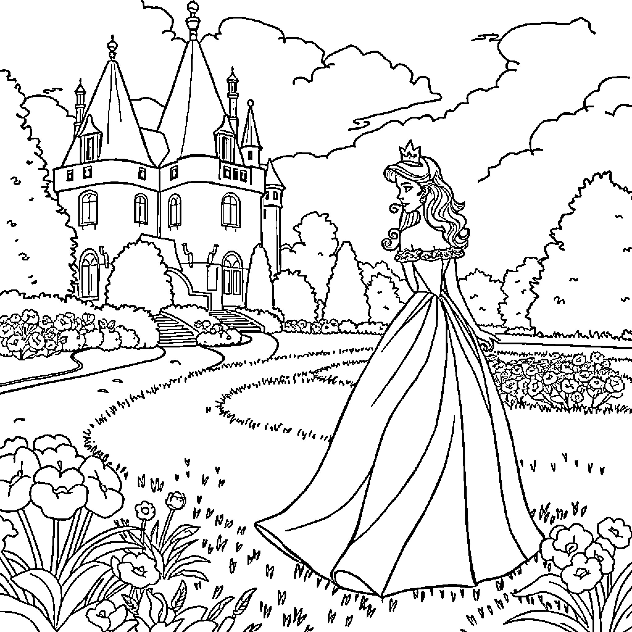 Princess enjoying a beautiful palace garden Coloring Page (free black-and-white line drawing printable PDF for all, from beginners to advanced learners, including children, teens, adults, and seniors)