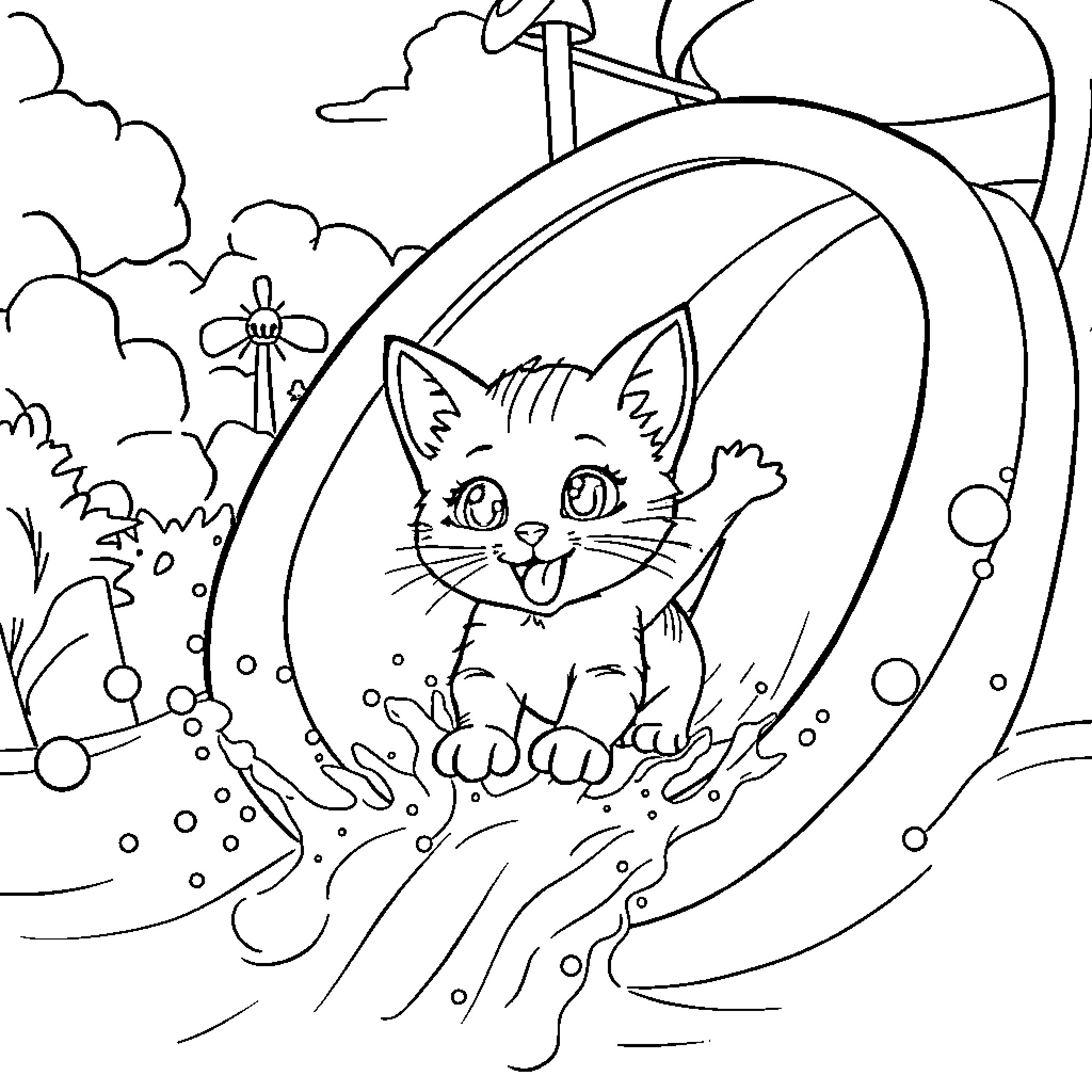Kitty exploring a whimsical fantasy scene Coloring Page (free black-and-white line drawing printable PDF for all, from beginners to advanced learners, including children, teens, adults, and seniors)