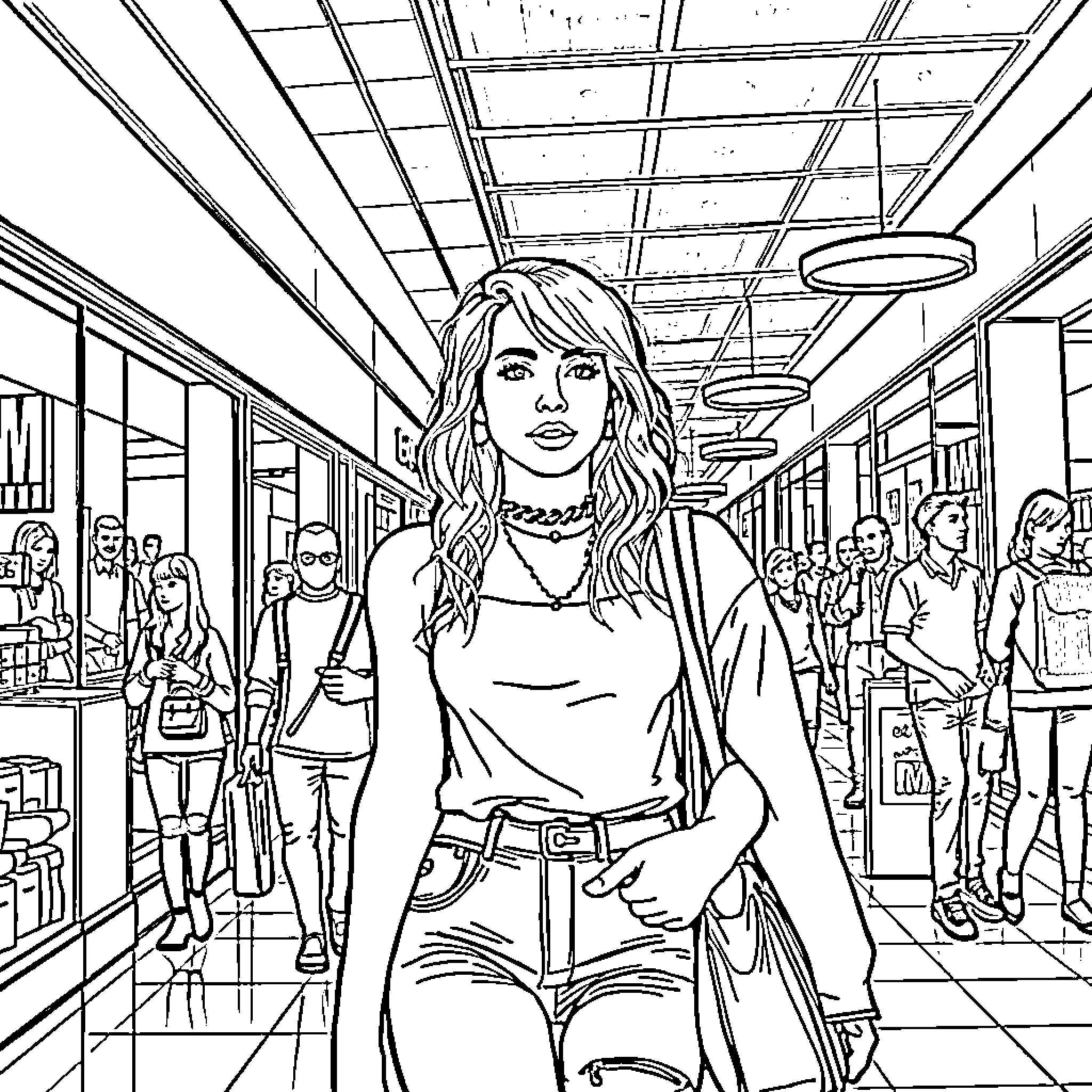 Miley Cyrus in a Lively Shopping Mall Coloring Page (free black-and-white line drawing printable PDF for all, from beginners to advanced learners, including children, teens, adults, and seniors)