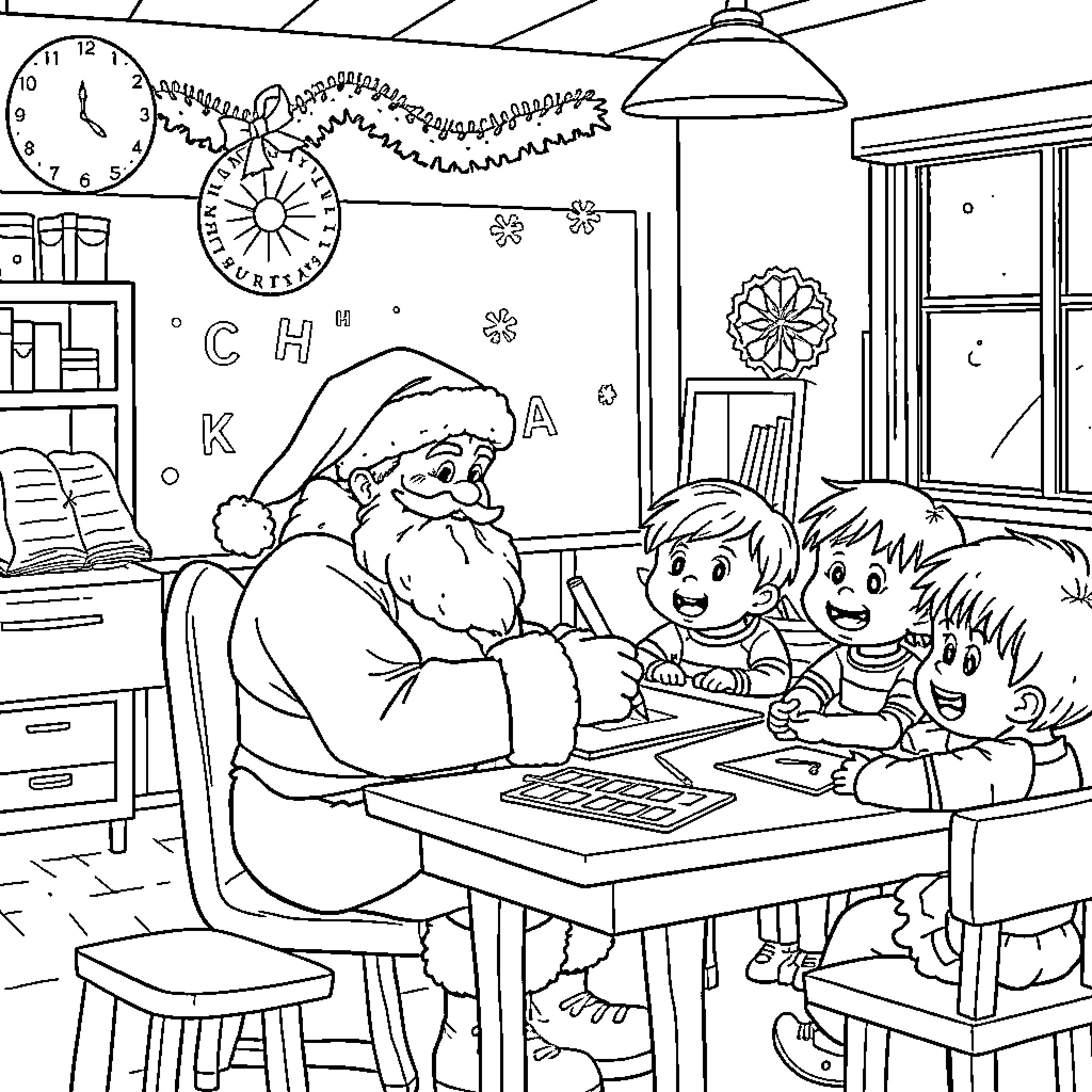 Santa teaching cheerful children in festive classroom Coloring Page (free black-and-white line drawing printable PDF for all, from beginners to advanced learners, including children, teens, adults, and seniors)