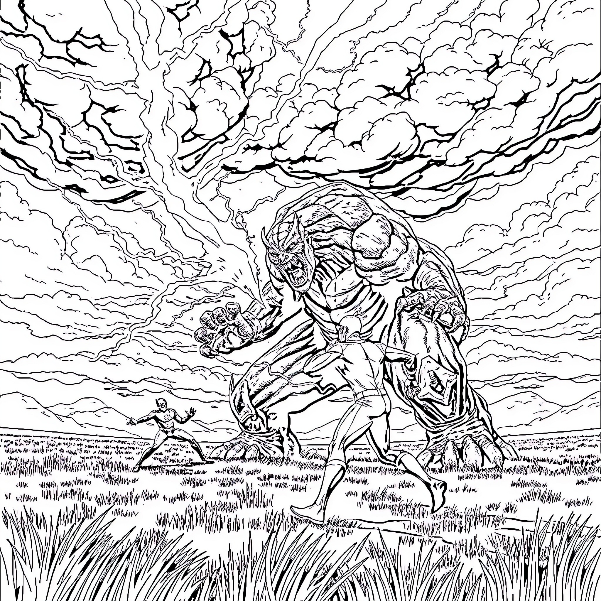 Flash of a Monstrous Clash in a Stormy Field Coloring Page (free black-and-white line drawing printable PDF for all, from beginners to advanced learners, including children, teens, adults, and seniors)
