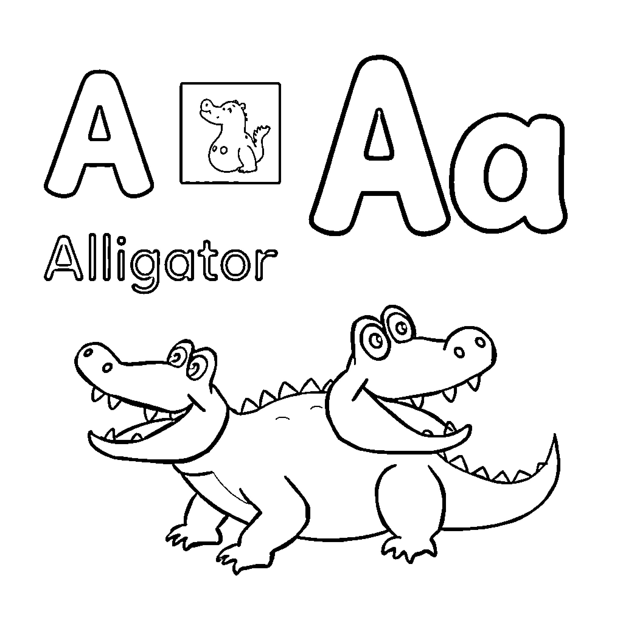 Alligator characters and alphabet letters Coloring Page (free black-and-white line drawing printable PDF for all, from beginners to advanced learners, including children, teens, adults, and seniors)