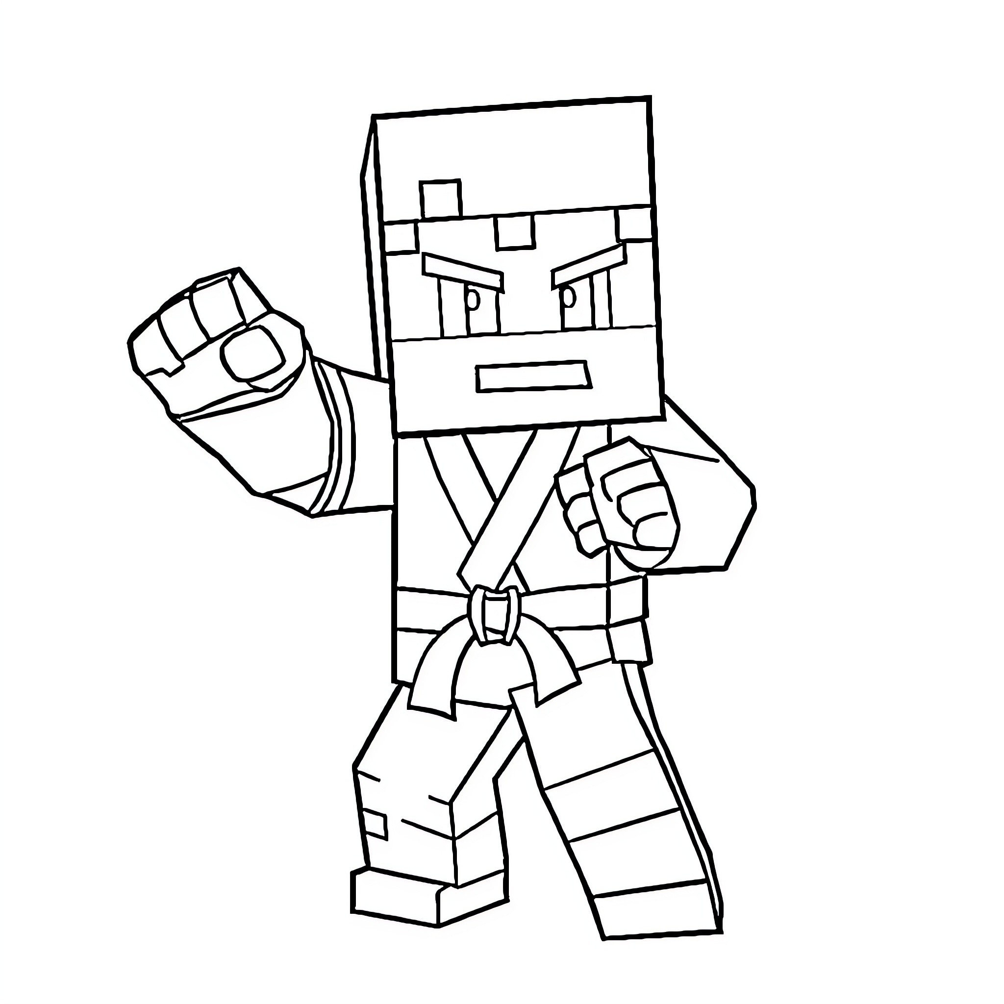 Steve in a Karate Pose with Weapon Coloring Page (free black-and-white line drawing printable PDF for all, from beginners to advanced learners, including children, teens, adults, and seniors)