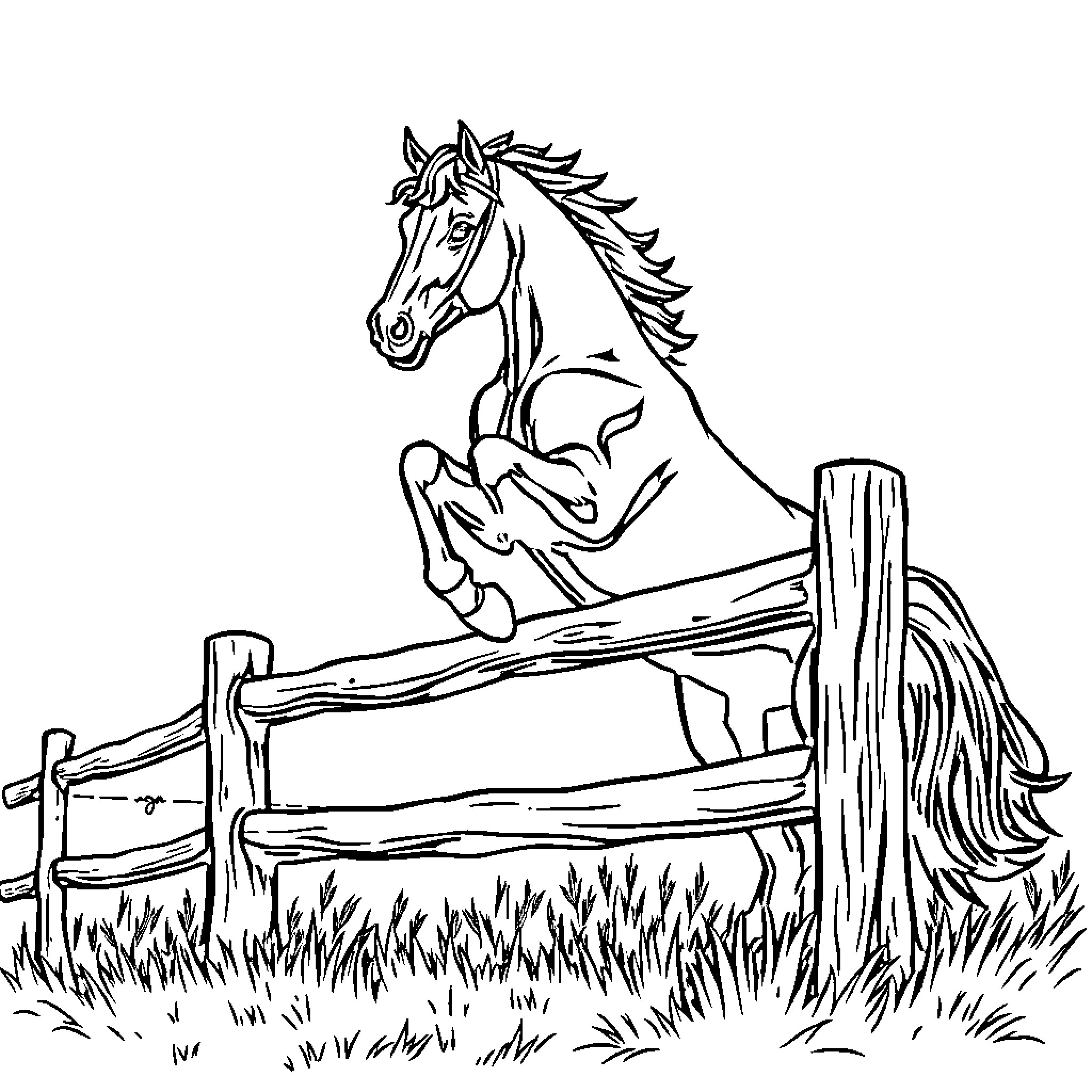 Horse leaping over wooden fence in a field Coloring Page (free black-and-white line drawing printable PDF for all, from beginners to advanced learners, including children, teens, adults, and seniors)