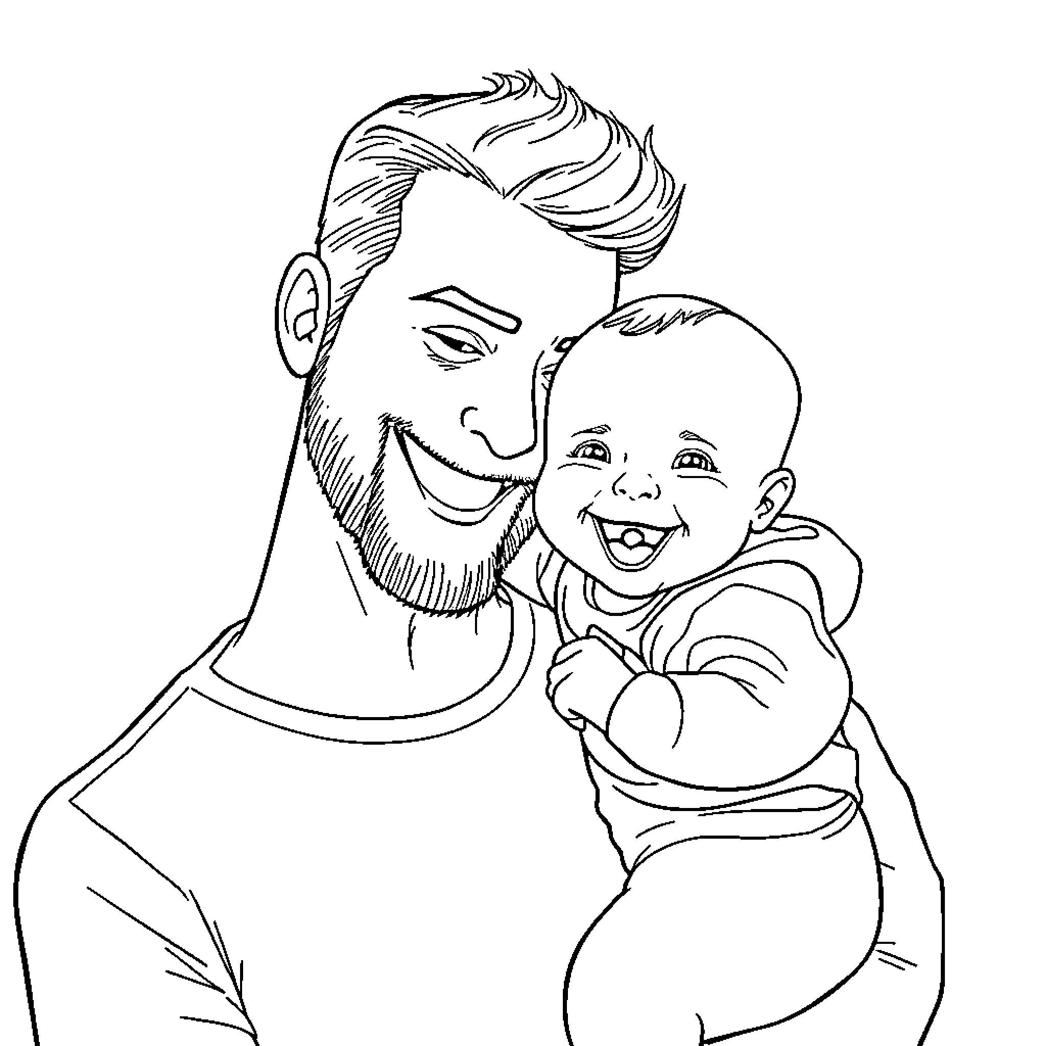 Baby and Father Affectionately Embracing Coloring Page (free black-and-white line drawing printable PDF for all, from beginners to advanced learners, including children, teens, adults, and seniors)