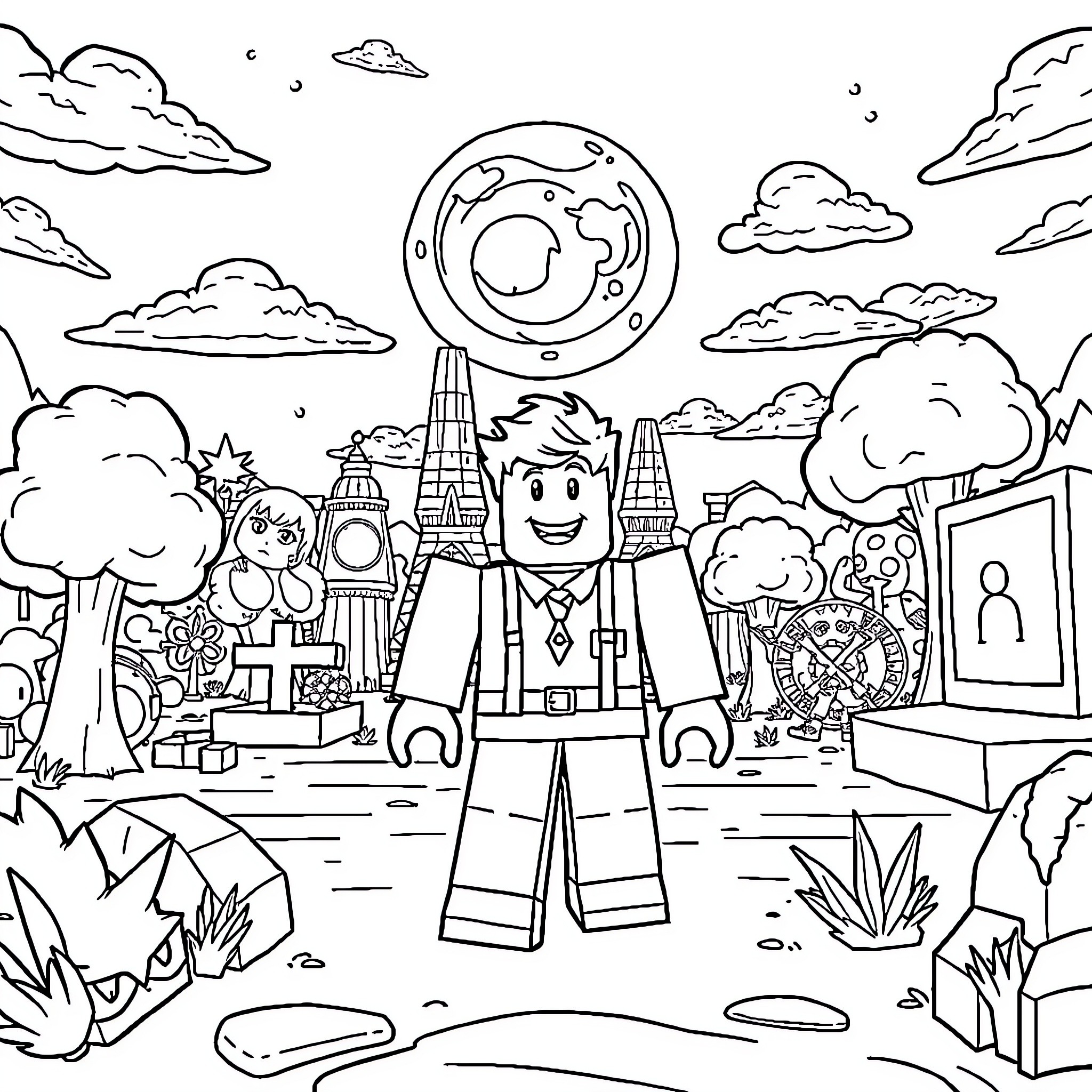 Roblox characters exploring a whimsical world Coloring Page (free black-and-white line drawing printable PDF for all, from beginners to advanced learners, including children, teens, adults, and seniors)