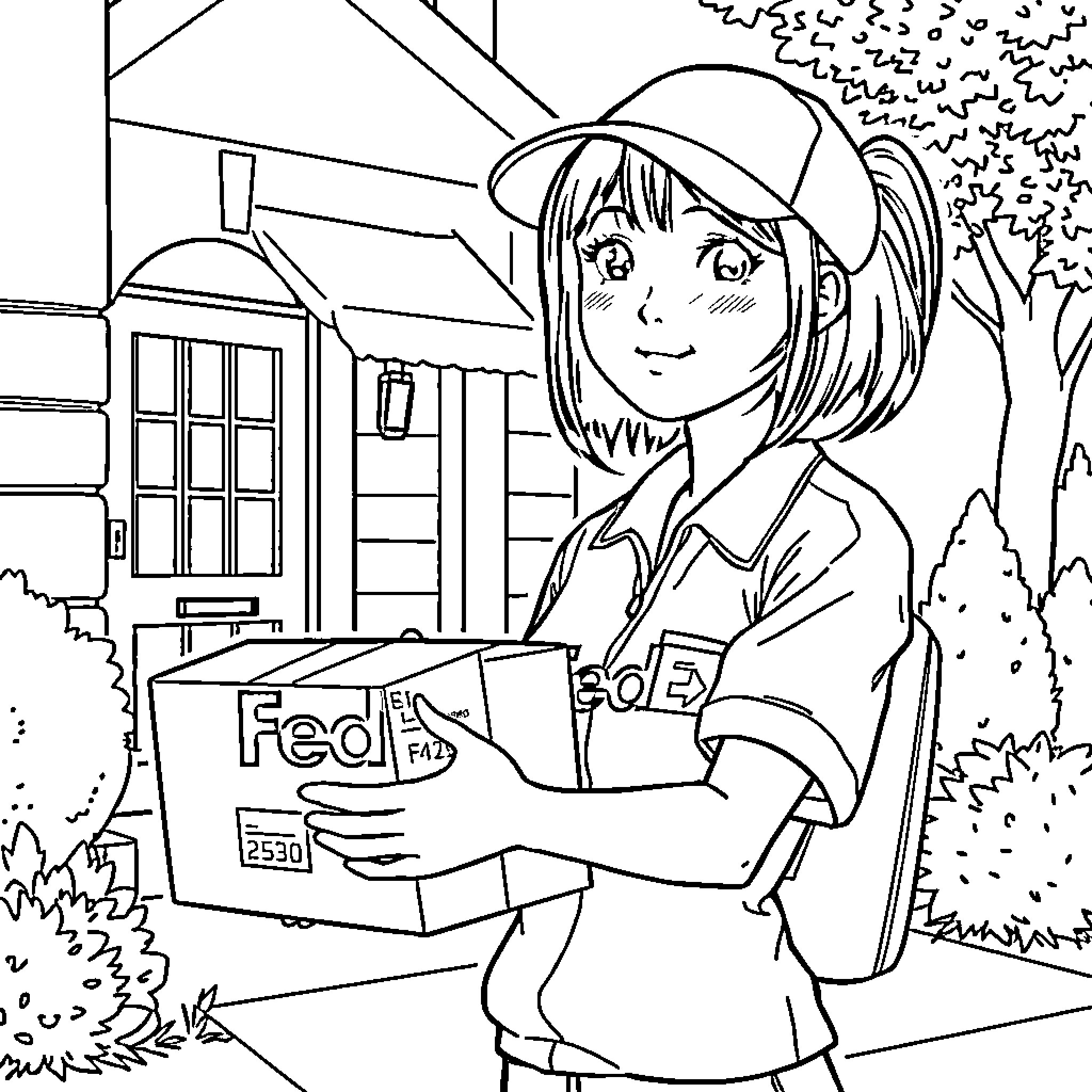 Girl delivering packages in front of a building Coloring Page (free black-and-white line drawing printable PDF for all, from beginners to advanced learners, including children, teens, adults, and seniors)