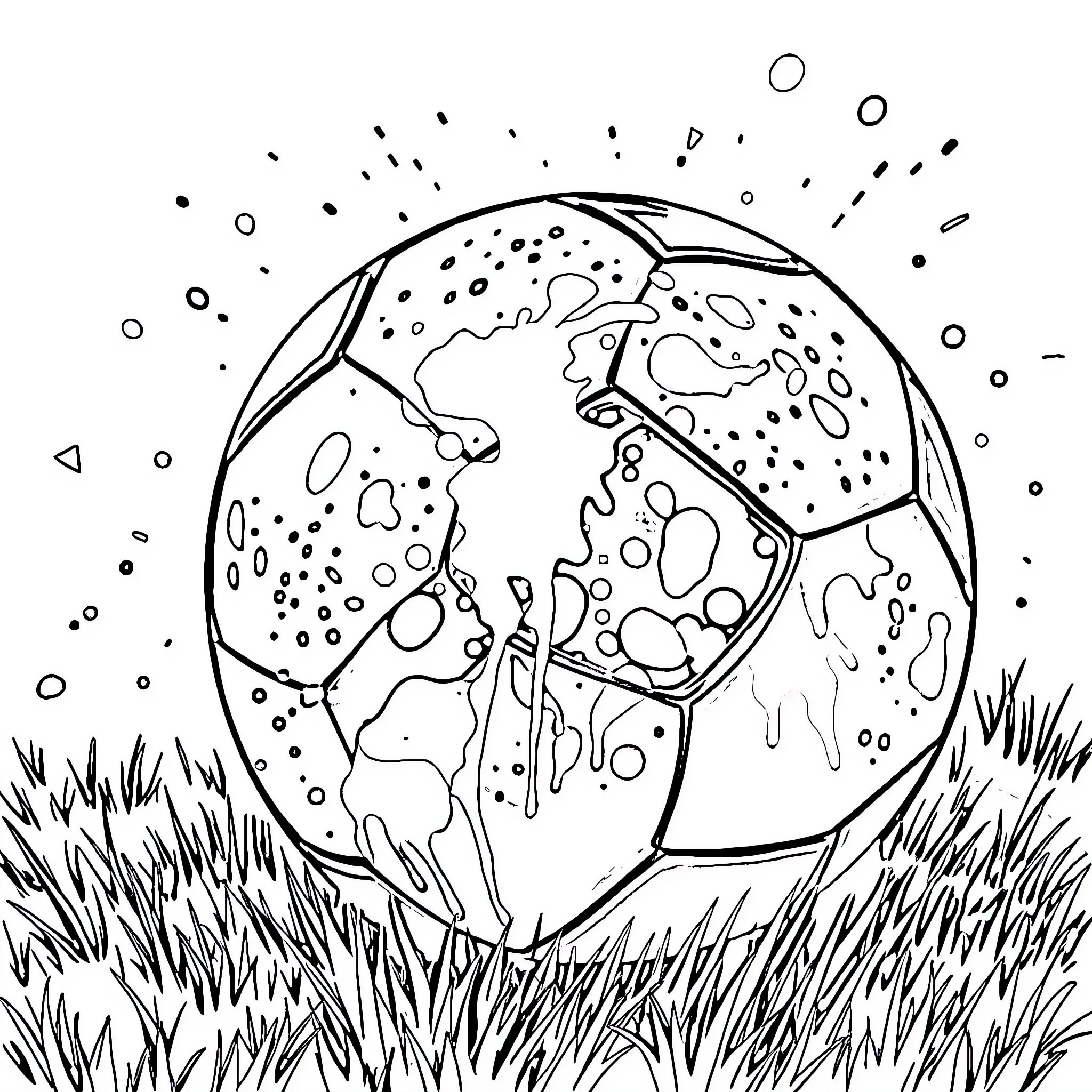 Soccer ball in the grass with abstract design Coloring Page (free black-and-white line drawing printable PDF for all, from beginners to advanced learners, including children, teens, adults, and seniors)