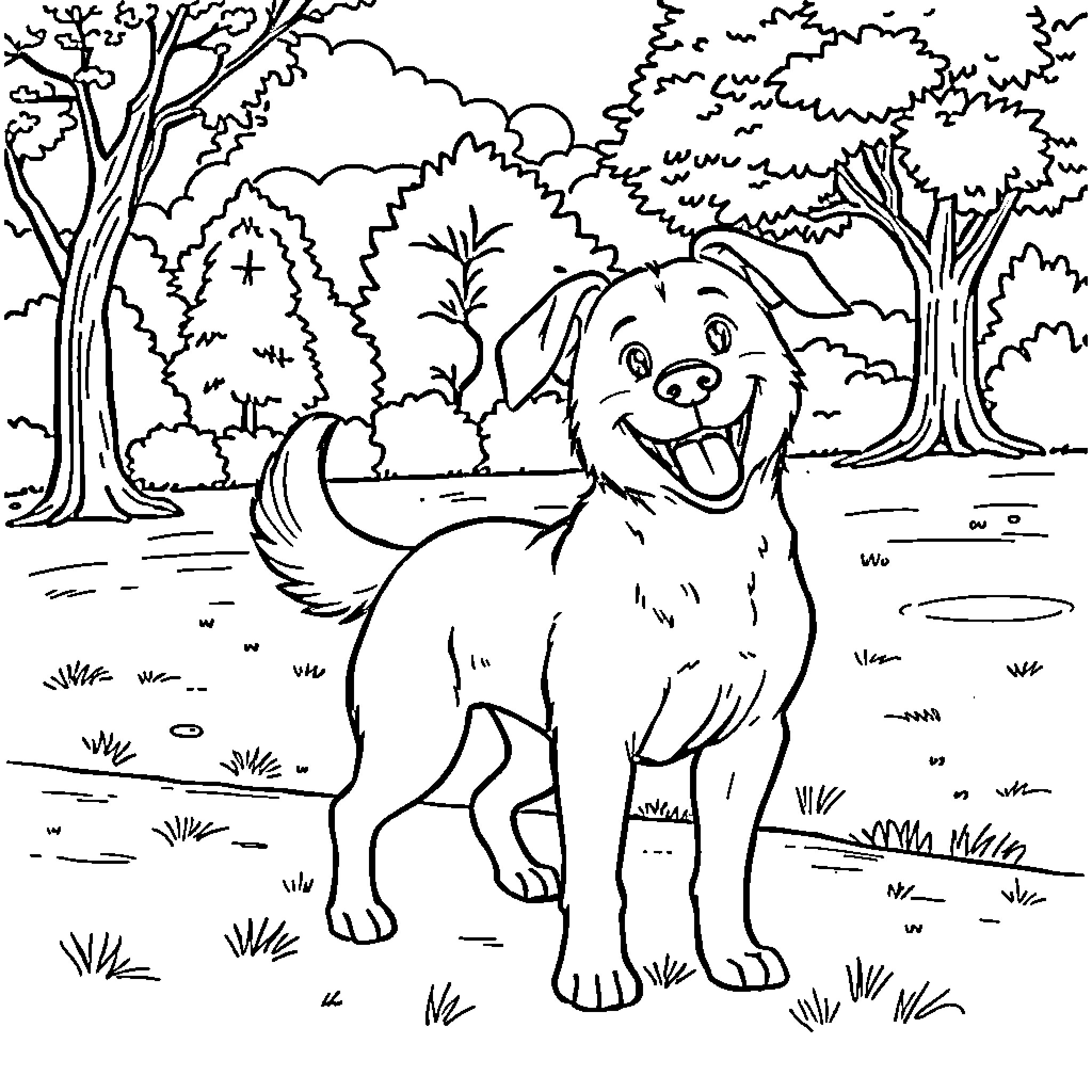 Dog enjoying nature in the forest Coloring Page (free black-and-white line drawing printable PDF for all, from beginners to advanced learners, including children, teens, adults, and seniors)
