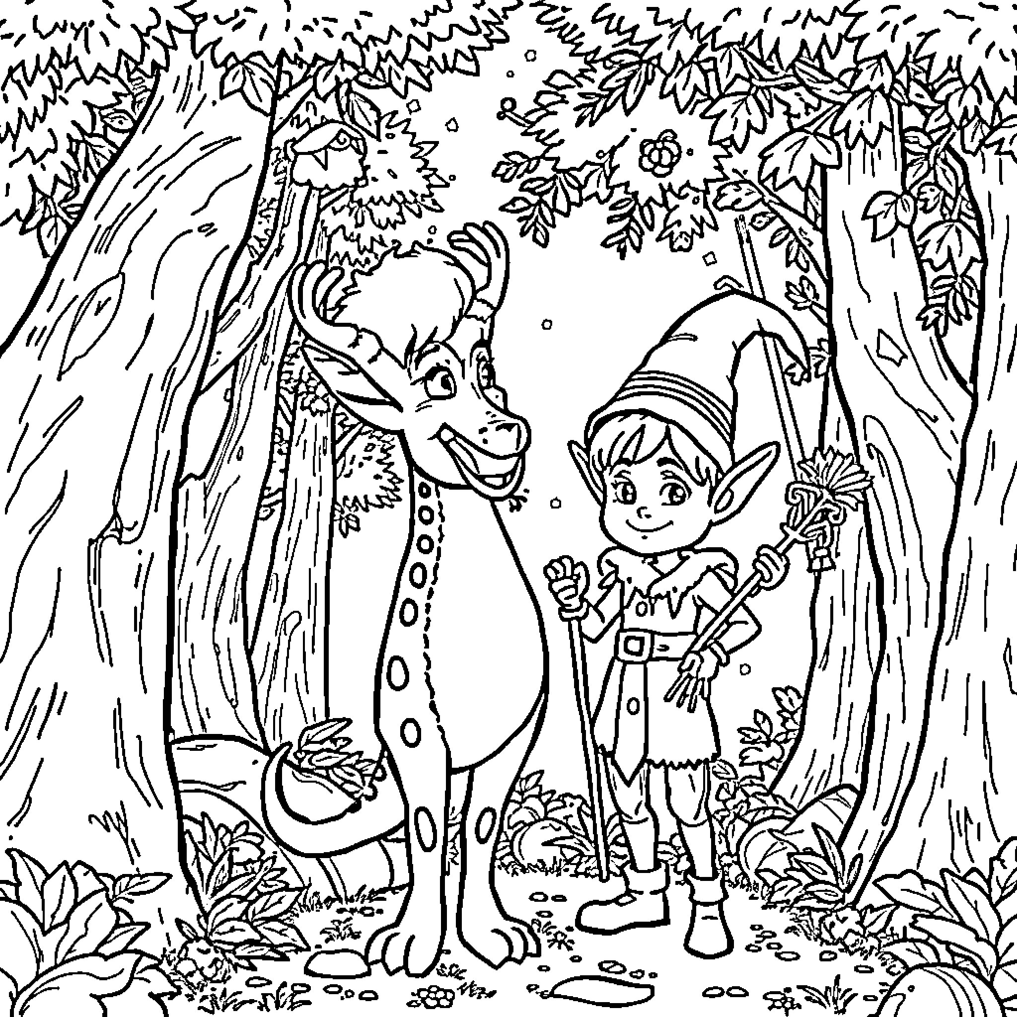 Elfo and his forest friend explore the enchanted woods Coloring Page (free black-and-white line drawing printable PDF for all, from beginners to advanced learners, including children, teens, adults, and seniors)