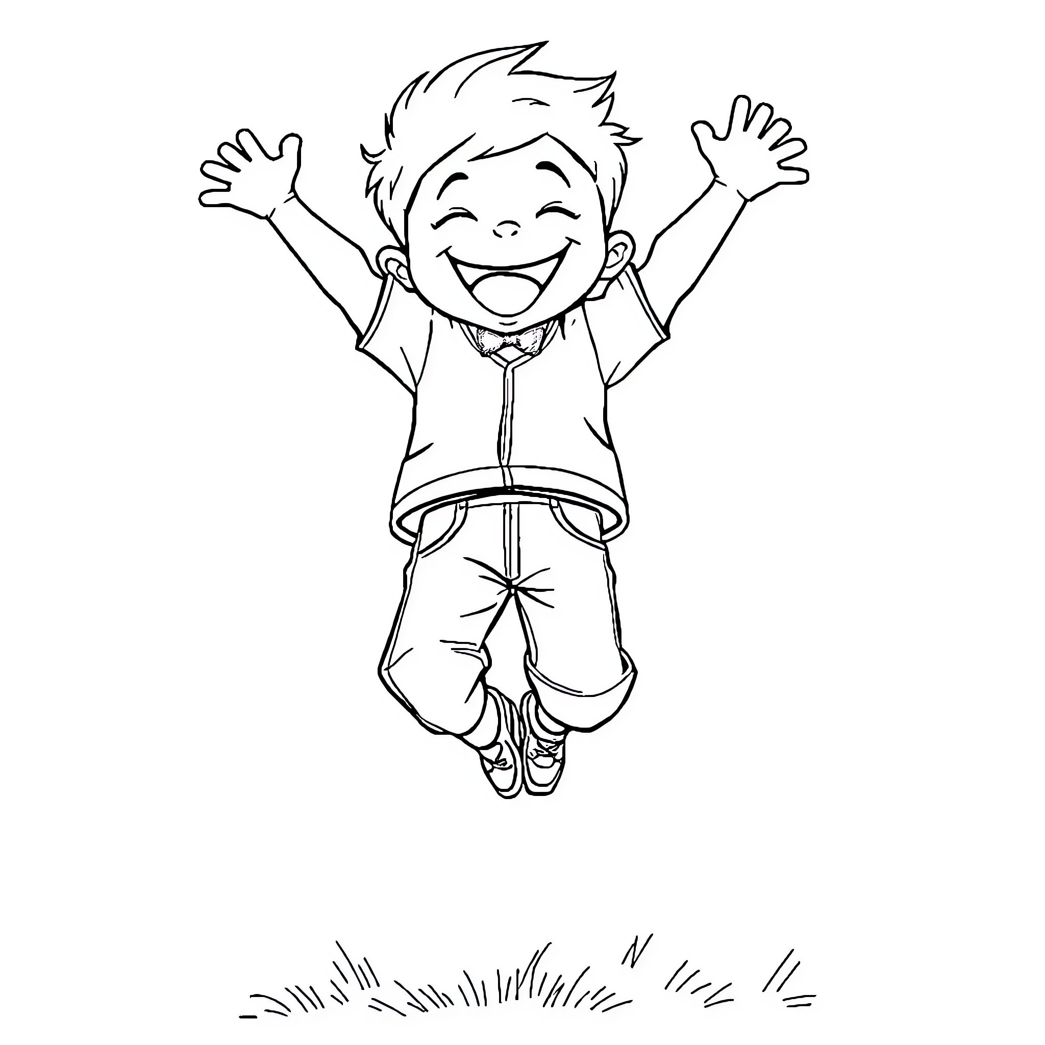 Boy jumping joyfully in excitement Coloring Page (free black-and-white line drawing printable PDF for all, from beginners to advanced learners, including children, teens, adults, and seniors)