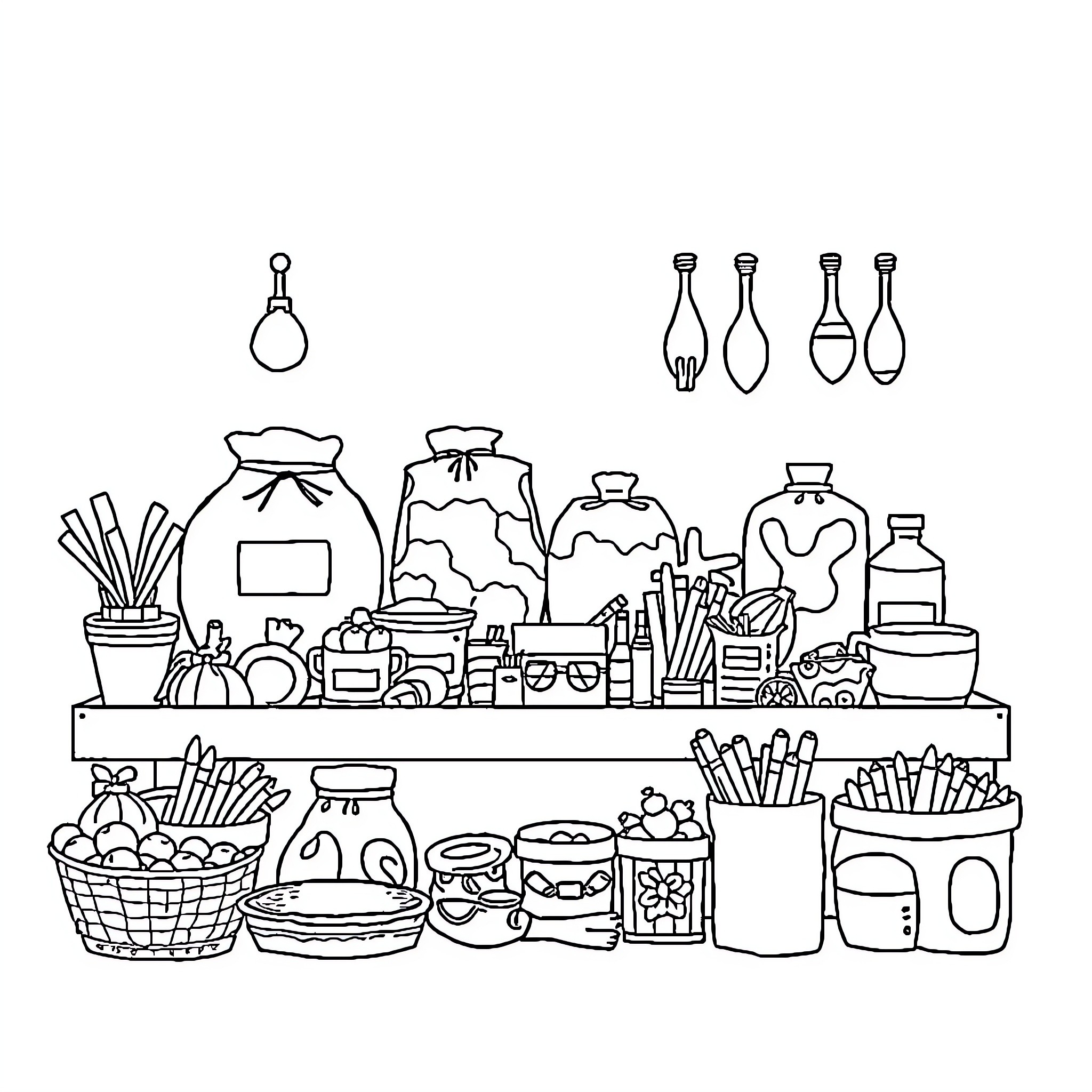 Bobbie's Artistic Culinary Supplies Coloring Page (free black-and-white line drawing printable PDF for all, from beginners to advanced learners, including children, teens, adults, and seniors)