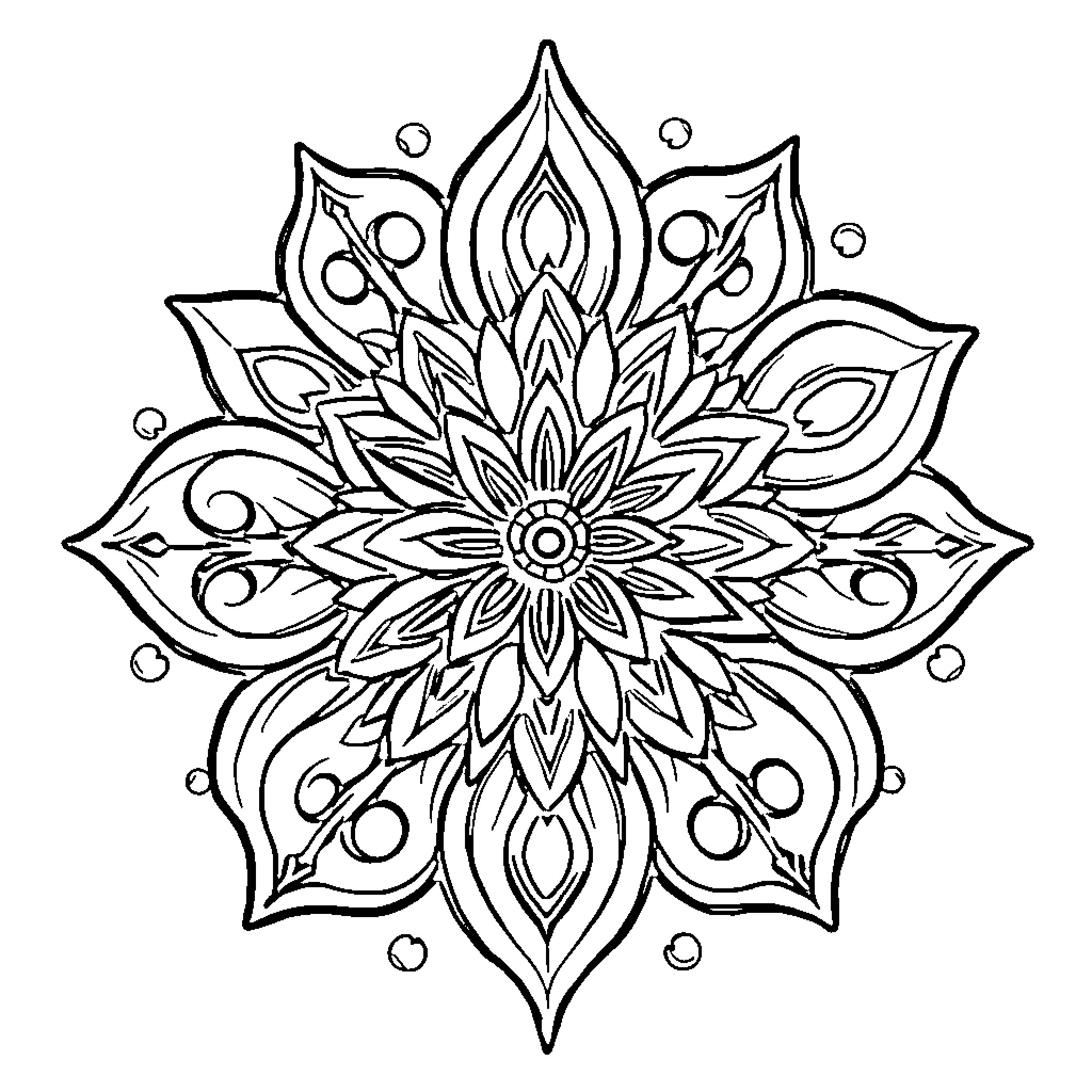 Mandala with intricate floral design Coloring Page (free black-and-white line drawing printable PDF for all, from beginners to advanced learners, including children, teens, adults, and seniors)