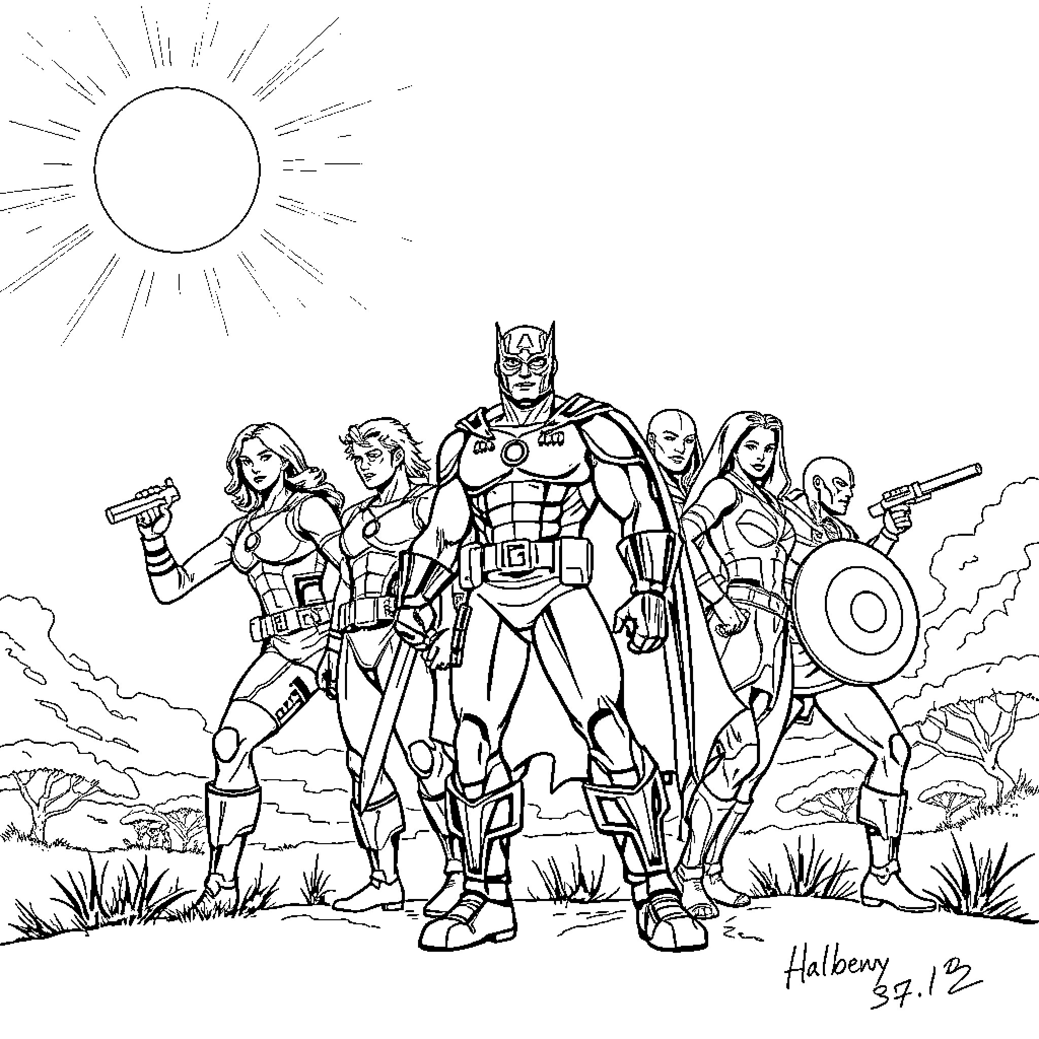 Avenger heroes in action-packed battle scene Coloring Page (free black-and-white line drawing printable PDF for all, from beginners to advanced learners, including children, teens, adults, and seniors)