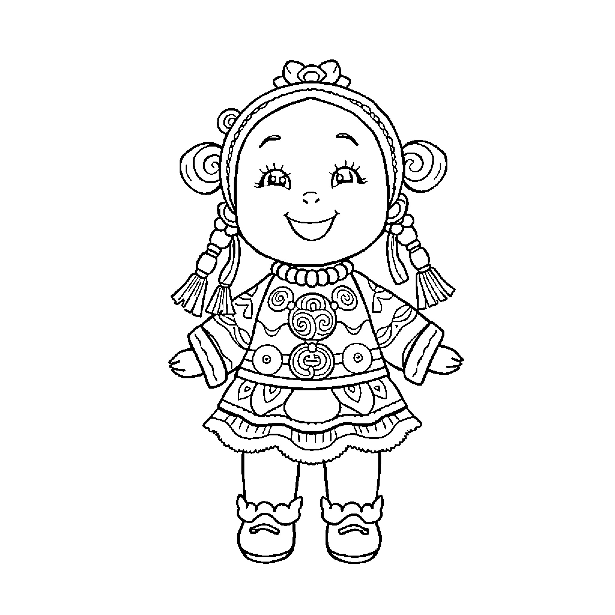 Lubabu Doll with Intricate Ornamental Dress Coloring Page (free black-and-white line drawing printable PDF for all, from beginners to advanced learners, including children, teens, adults, and seniors)