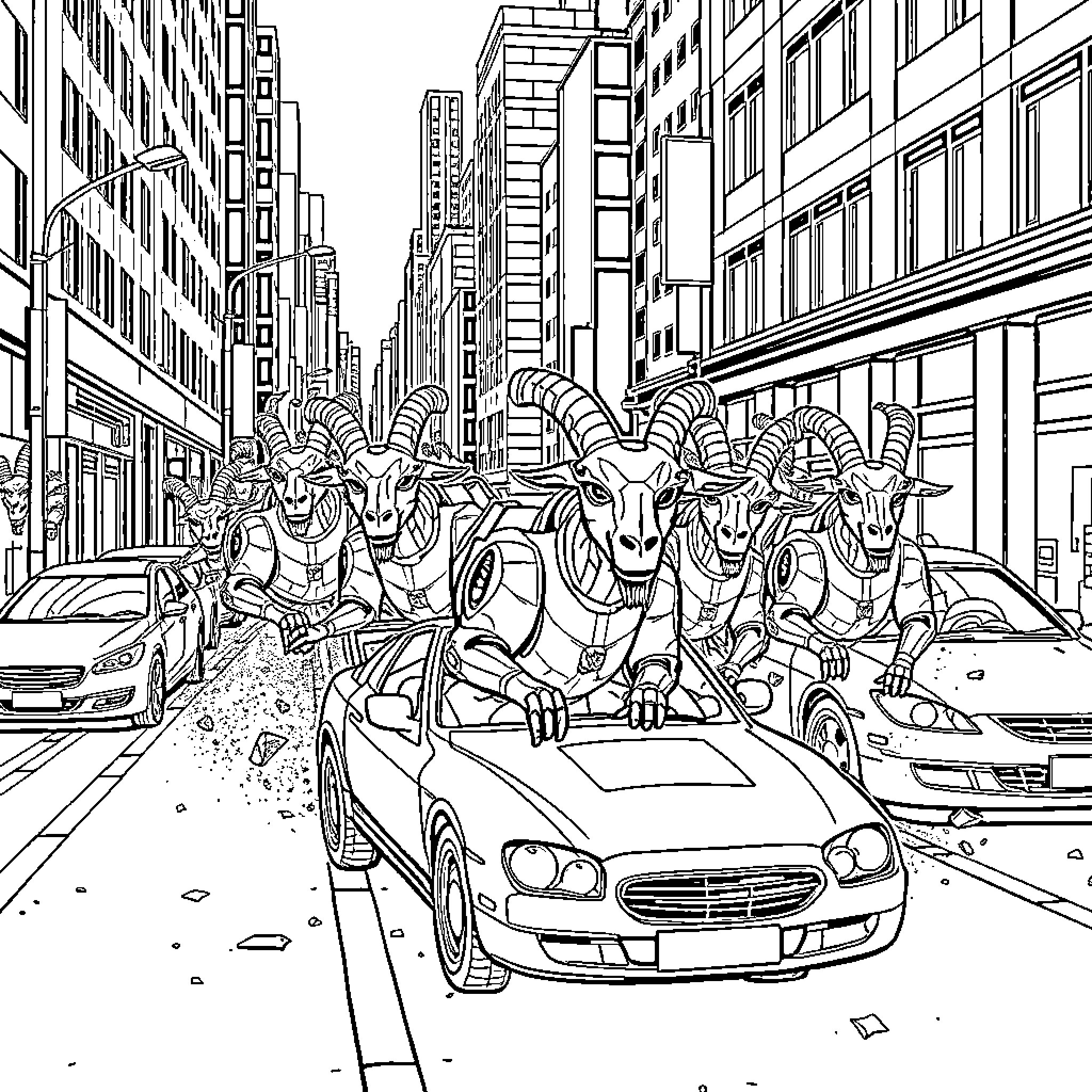 Goat-headed creatures riding on vehicles in the city Coloring Page (free black-and-white line drawing printable PDF for all, from beginners to advanced learners, including children, teens, adults, and seniors)