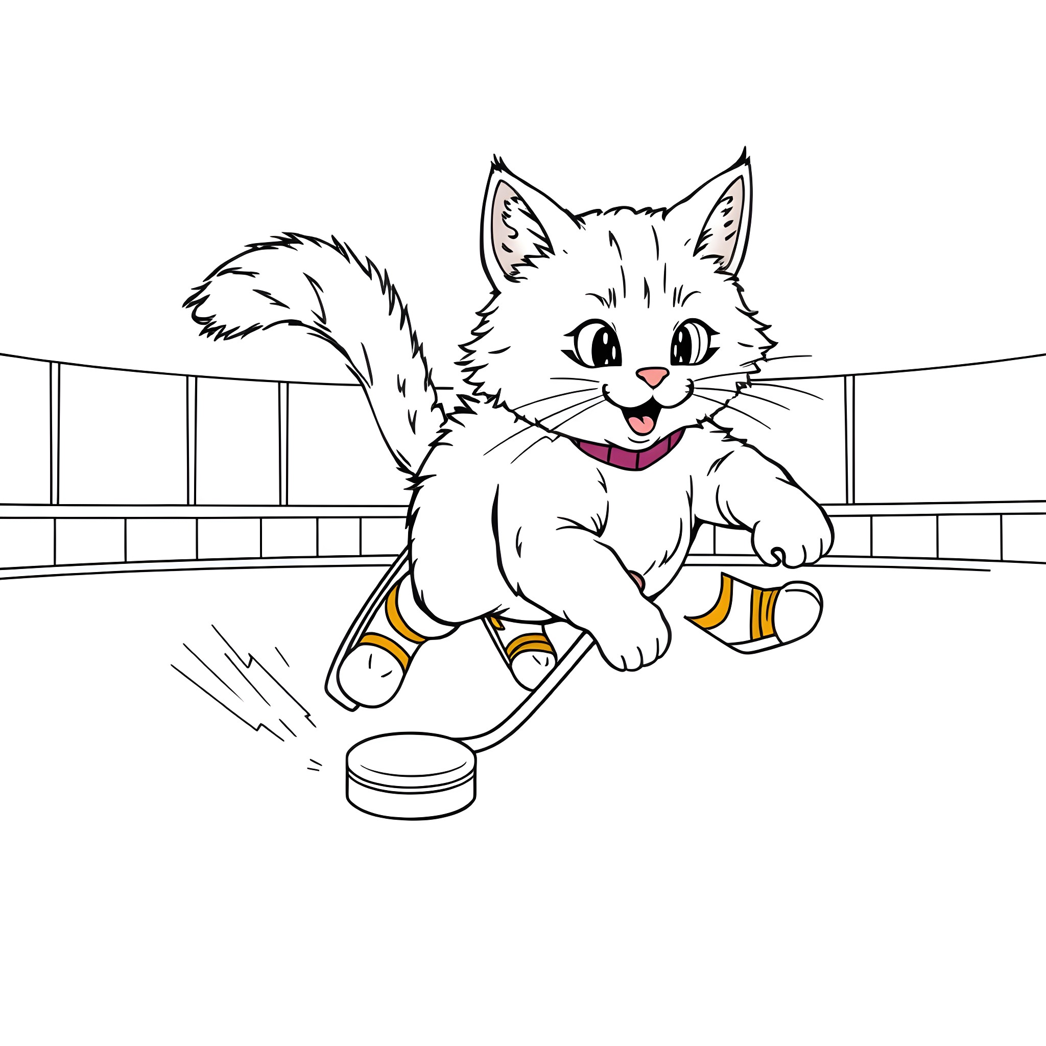 Cat playing with toy in bright room Coloring Page (free black-and-white line drawing printable PDF for all, from beginners to advanced learners, including children, teens, adults, and seniors)