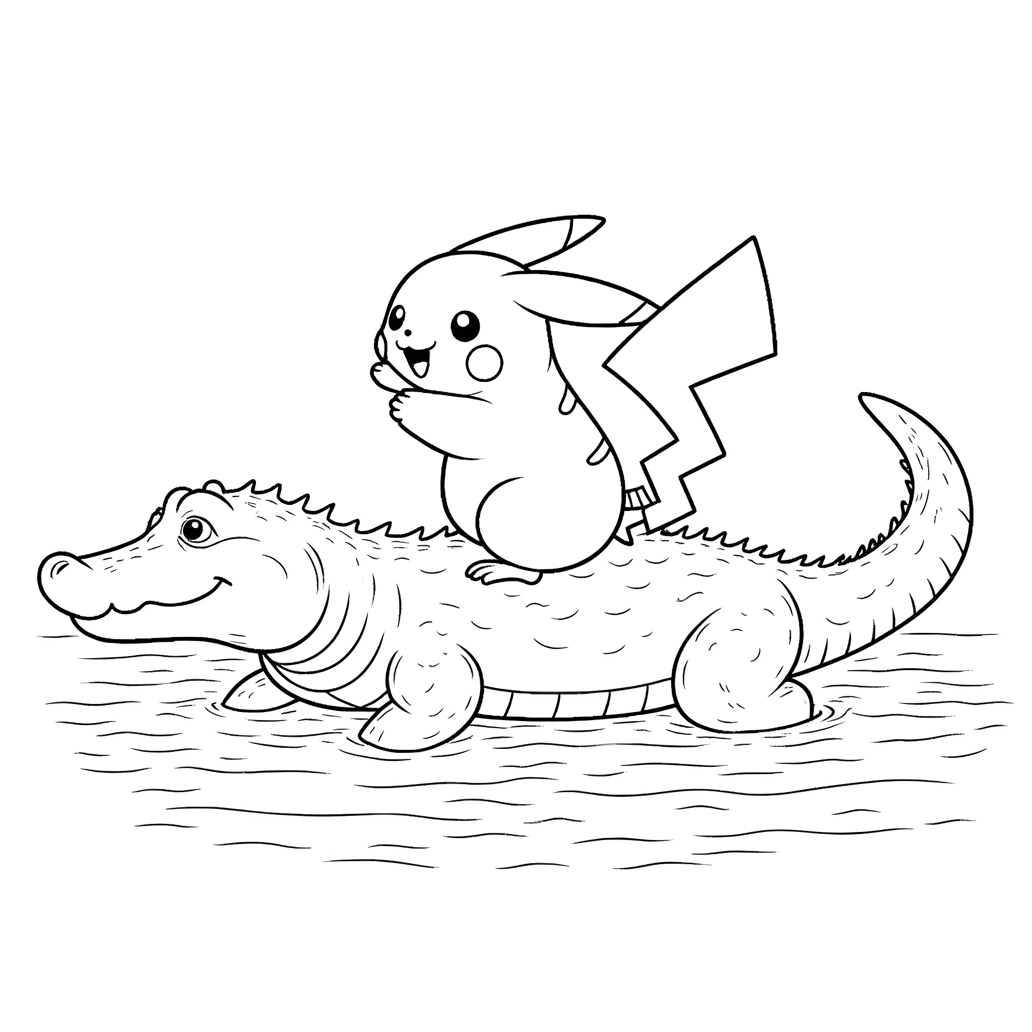 Pikachu riding on an alligator Coloring Page (free black-and-white line drawing printable PDF for all, from beginners to advanced learners, including children, teens, adults, and seniors)