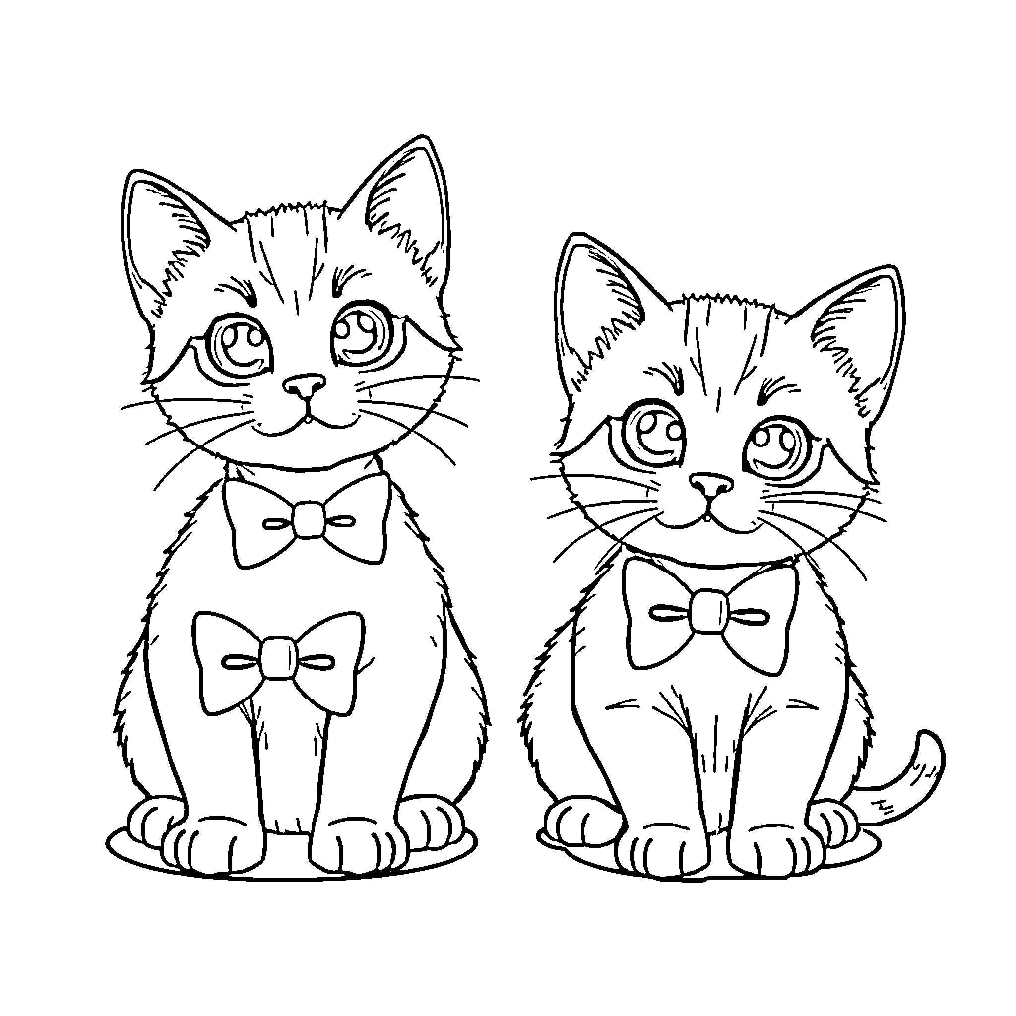 Cats with Bow Ties Coloring Page (free black-and-white line drawing printable PDF for all, from beginners to advanced learners, including children, teens, adults, and seniors)