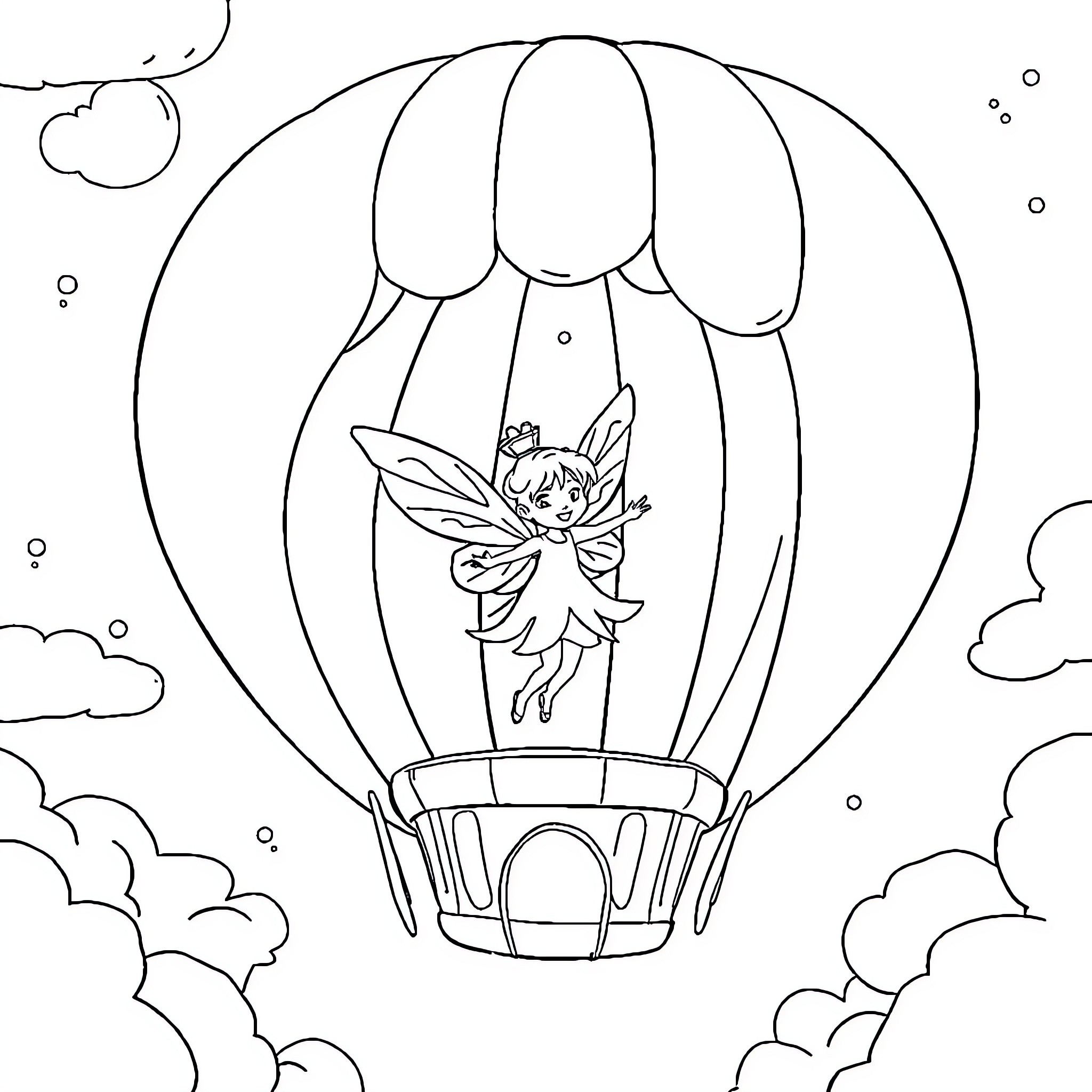Fairy floating in a hot air balloon Coloring Page (free black-and-white line drawing printable PDF for all, from beginners to advanced learners, including children, teens, adults, and seniors)