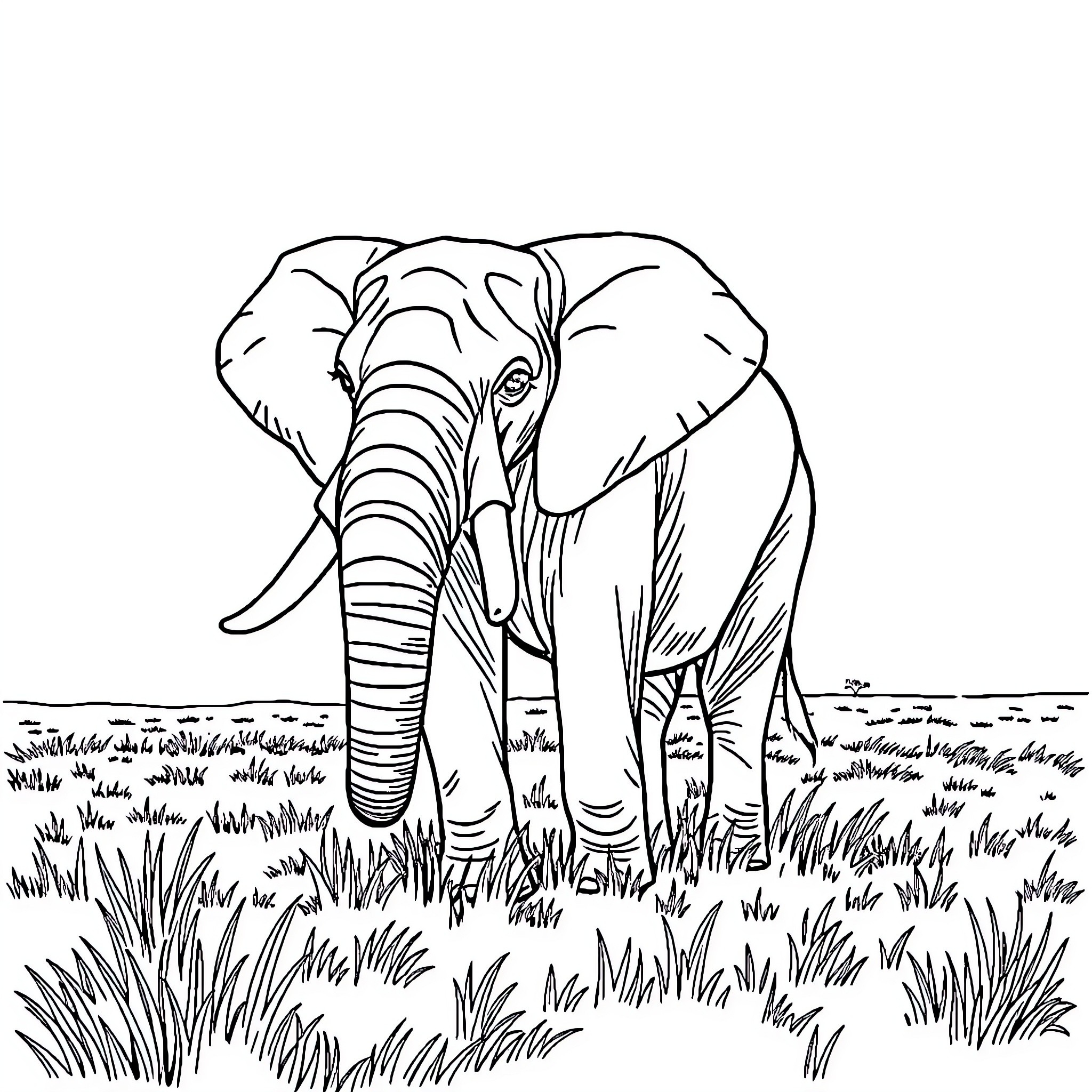 Elephant standing in the grassy field Coloring Page (free black-and-white line drawing printable PDF for all, from beginners to advanced learners, including children, teens, adults, and seniors)