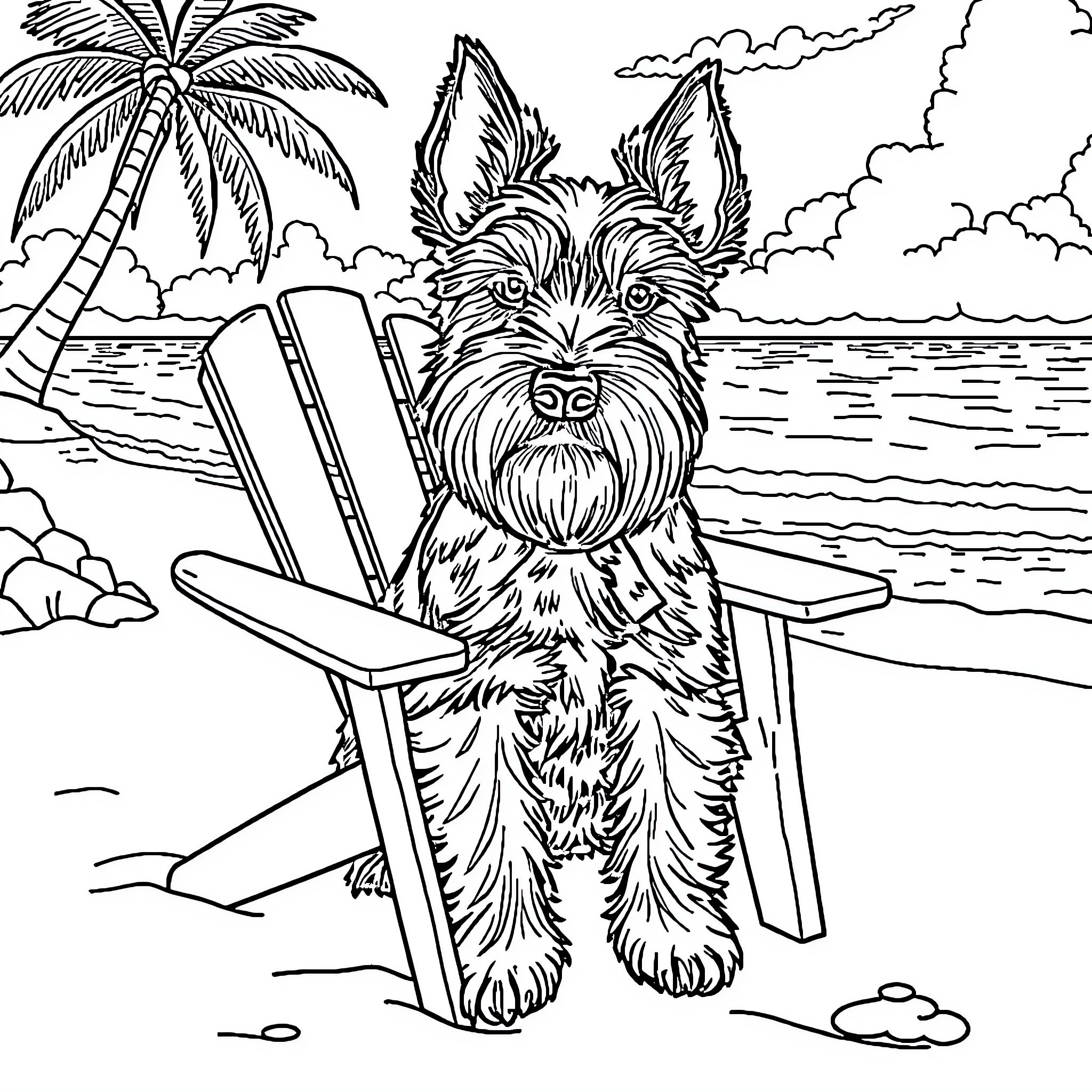 Schnauzer relaxing on the beach with palm trees Coloring Page (free black-and-white line drawing printable PDF for all, from beginners to advanced learners, including children, teens, adults, and seniors)