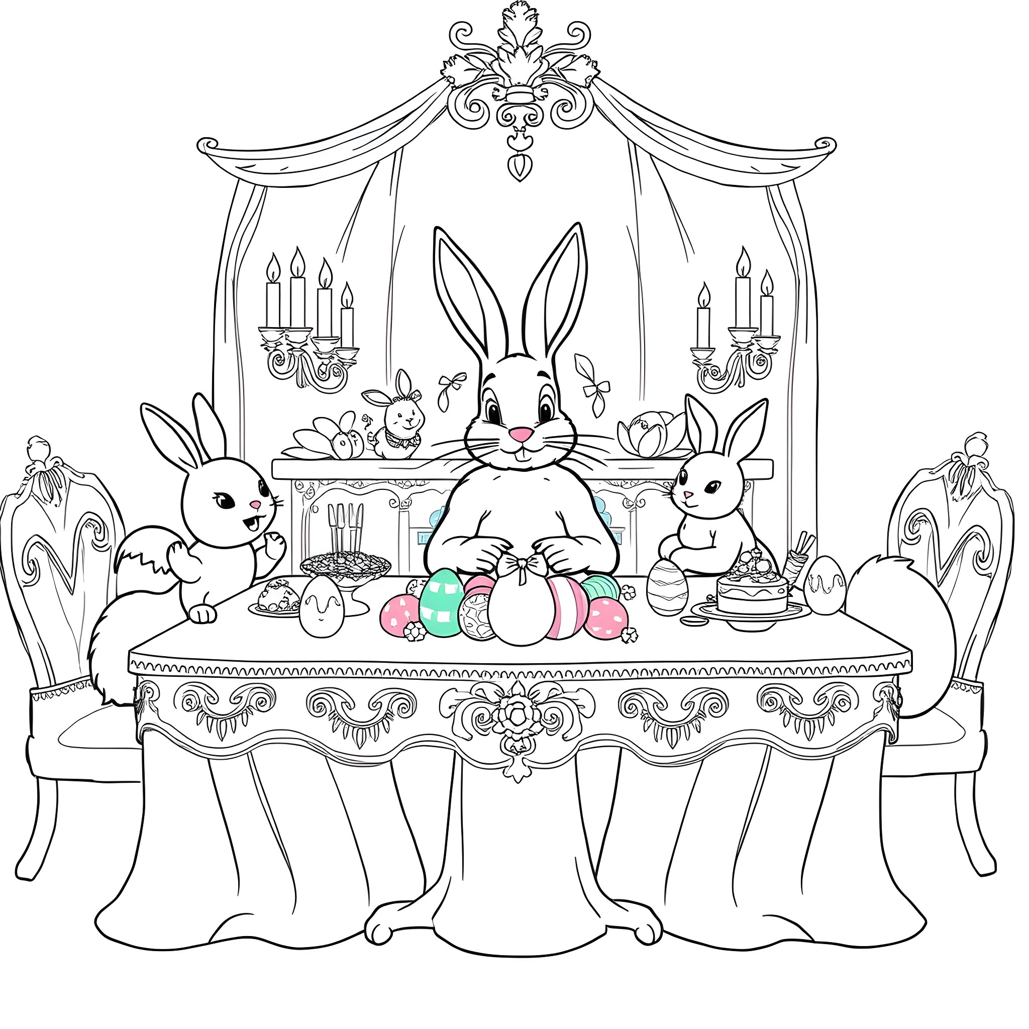 Easter Bunny hosting a festive celebration Coloring Page (free black-and-white line drawing printable PDF for all, from beginners to advanced learners, including children, teens, adults, and seniors)