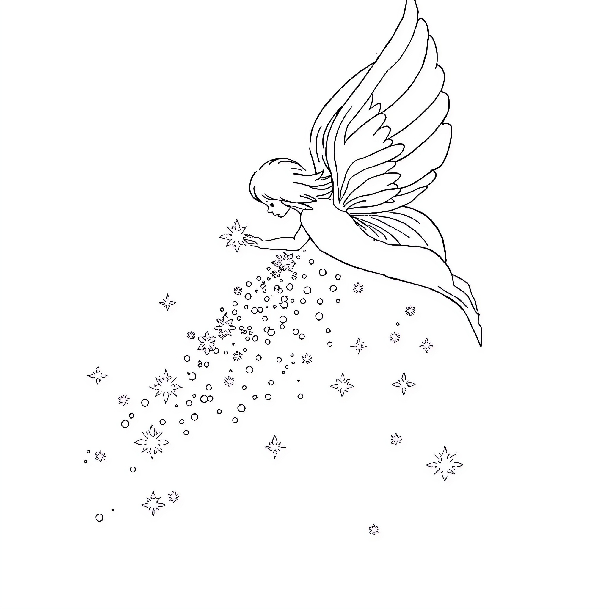 Angel scattering stars in the night sky Coloring Page (free black-and-white line drawing printable PDF for all, from beginners to advanced learners, including children, teens, adults, and seniors)