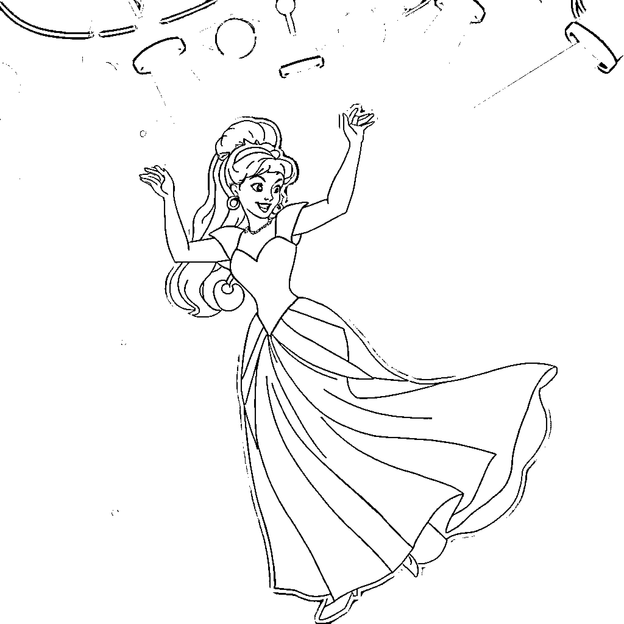 Cinderella dancing joyfully in her beautiful dress Coloring Page (free black-and-white line drawing printable PDF for all, from beginners to advanced learners, including children, teens, adults, and seniors)