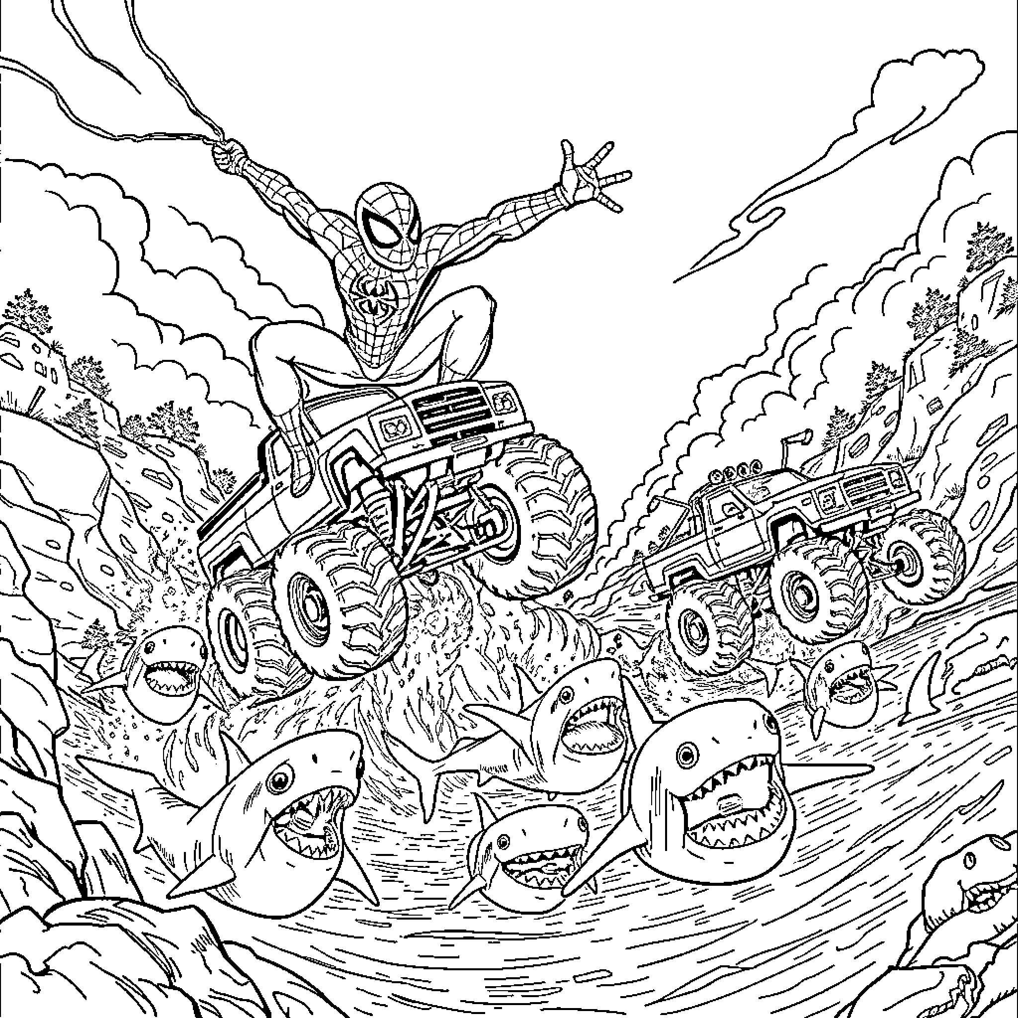 Spiderman's Monster Truck Adventure Coloring Page (free black-and-white line drawing printable PDF for all, from beginners to advanced learners, including children, teens, adults, and seniors)
