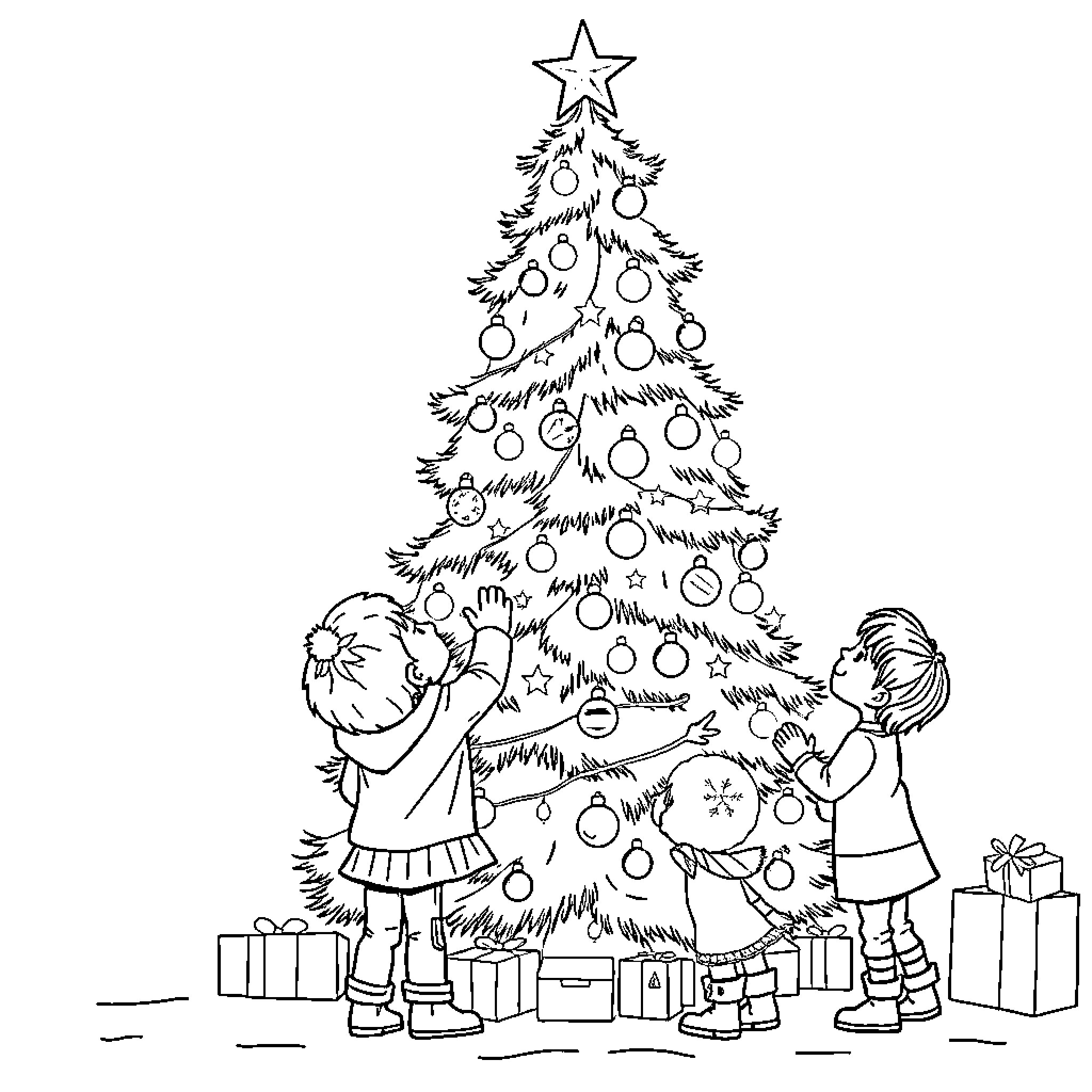 Children decorating Christmas tree with ornaments Coloring Page (free black-and-white line drawing printable PDF for all, from beginners to advanced learners, including children, teens, adults, and seniors)