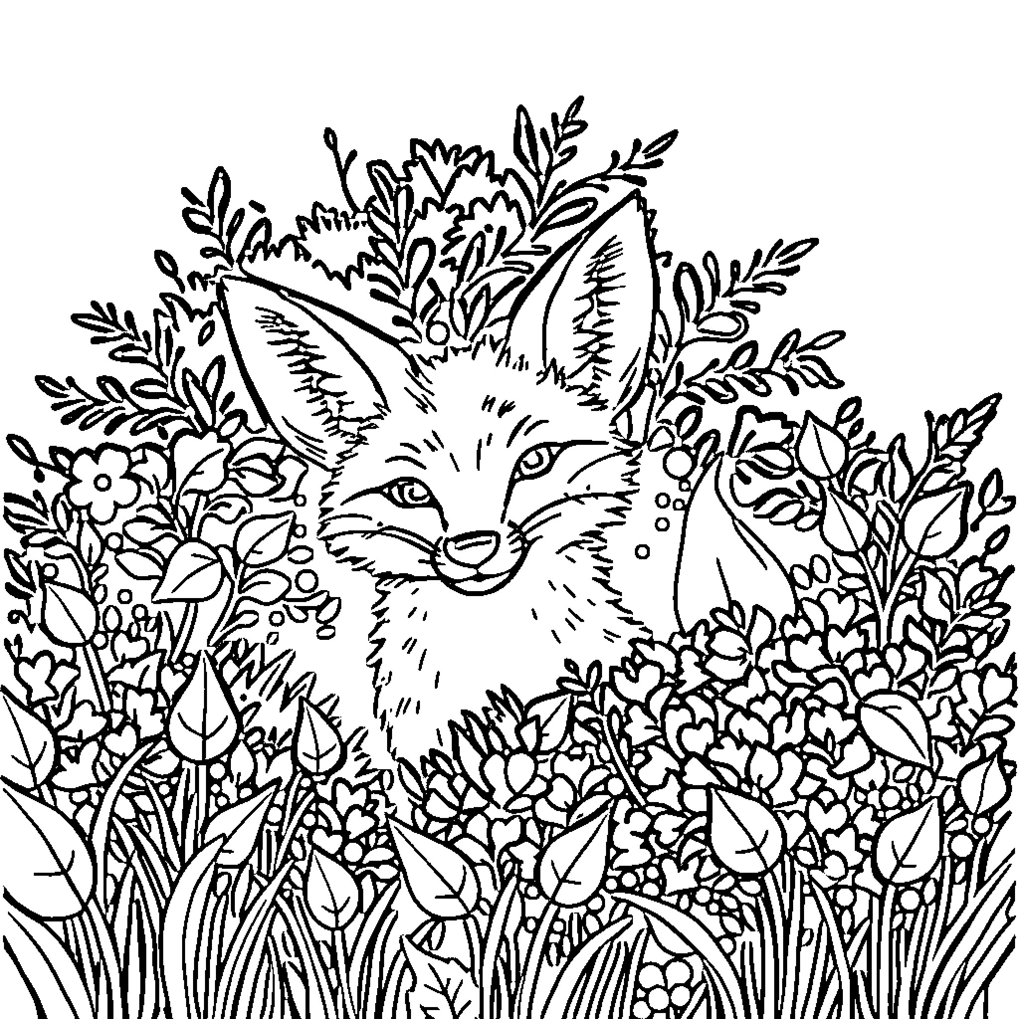 Fox hiding in a lush floral scene Coloring Page (free black-and-white line drawing printable PDF for all, from beginners to advanced learners, including children, teens, adults, and seniors)