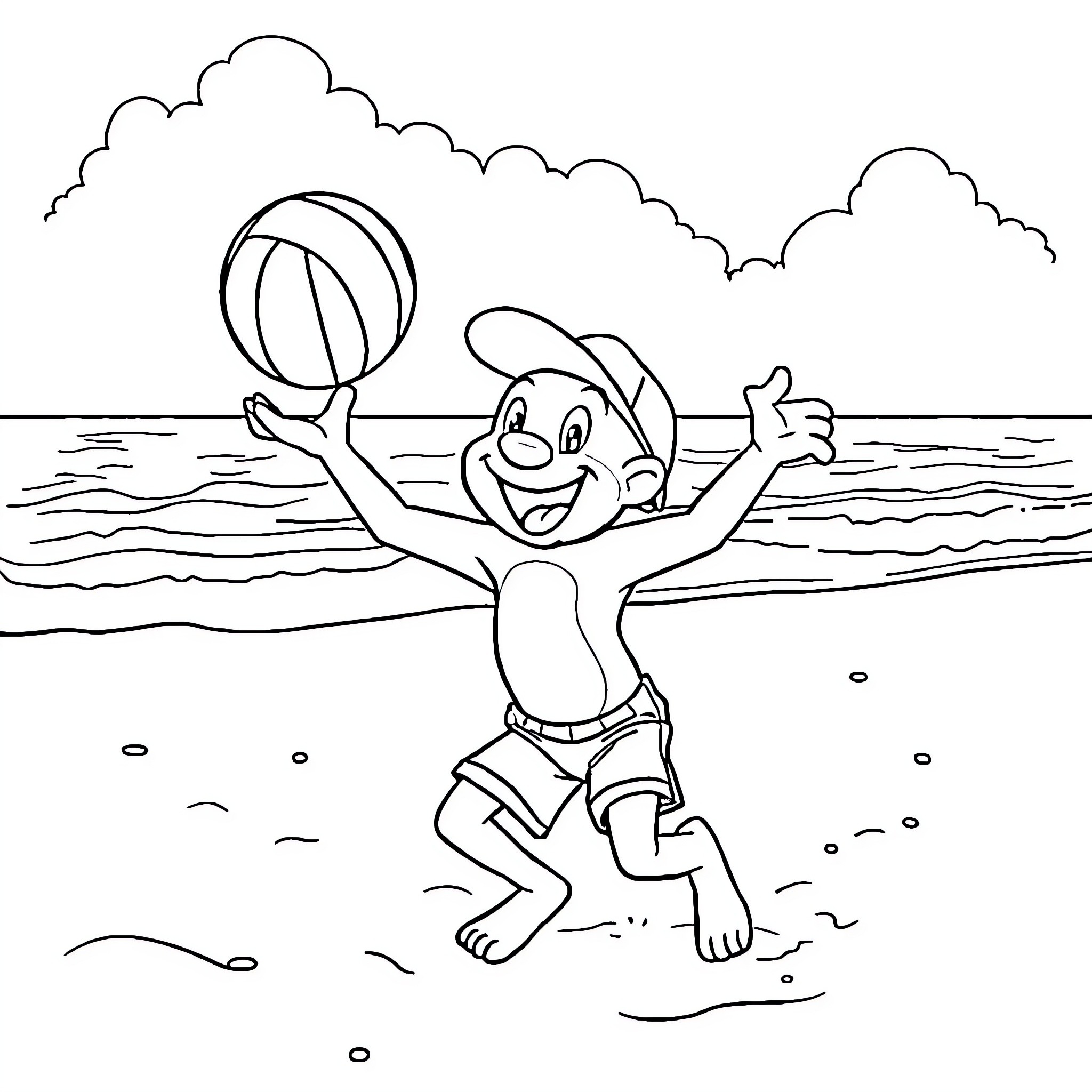 Bluey playing joyfully with beach ball in the water Coloring Page (free black-and-white line drawing printable PDF for all, from beginners to advanced learners, including children, teens, adults, and seniors)