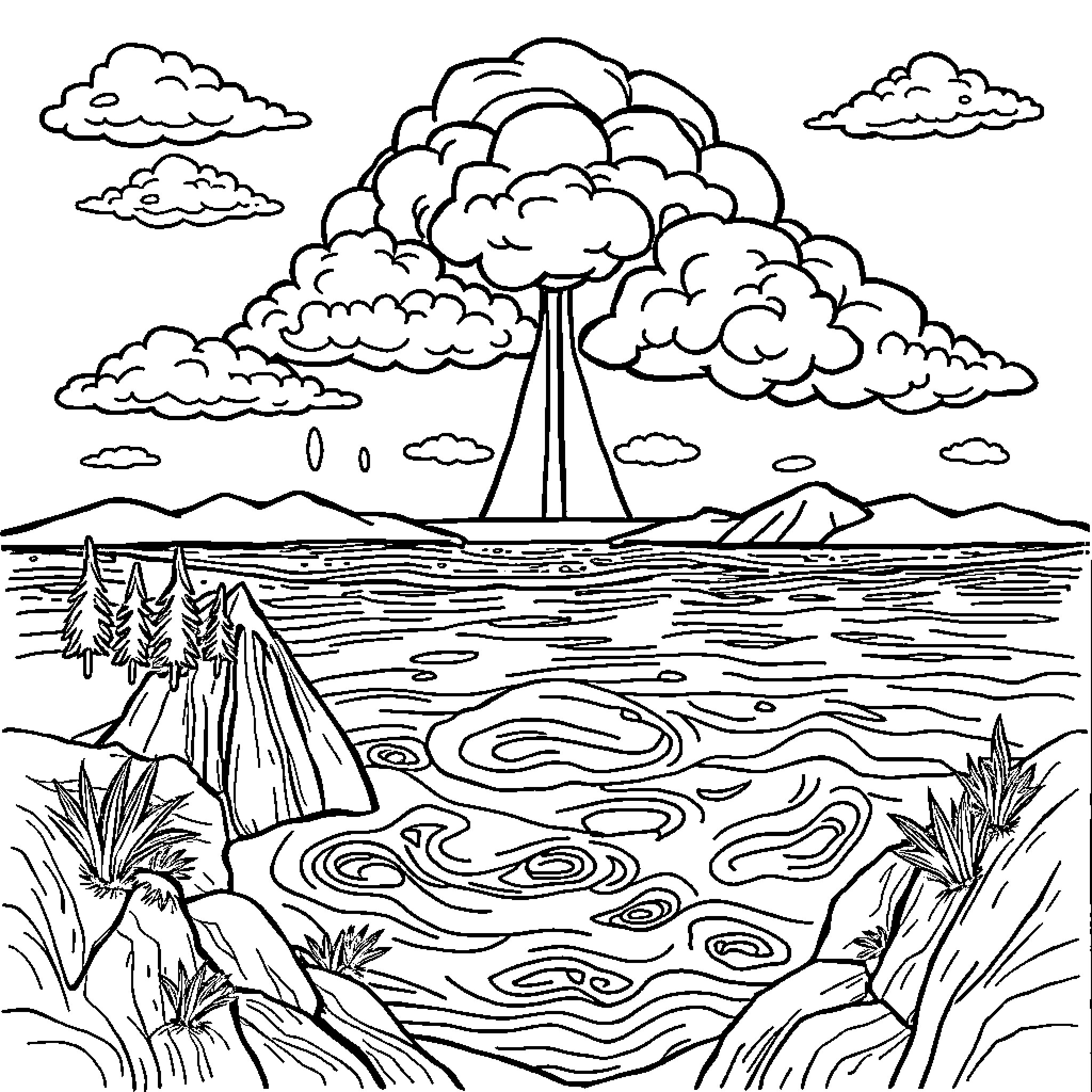 Water Cycle in the Serene Landscape Coloring Page (free black-and-white line drawing printable PDF for all, from beginners to advanced learners, including children, teens, adults, and seniors)