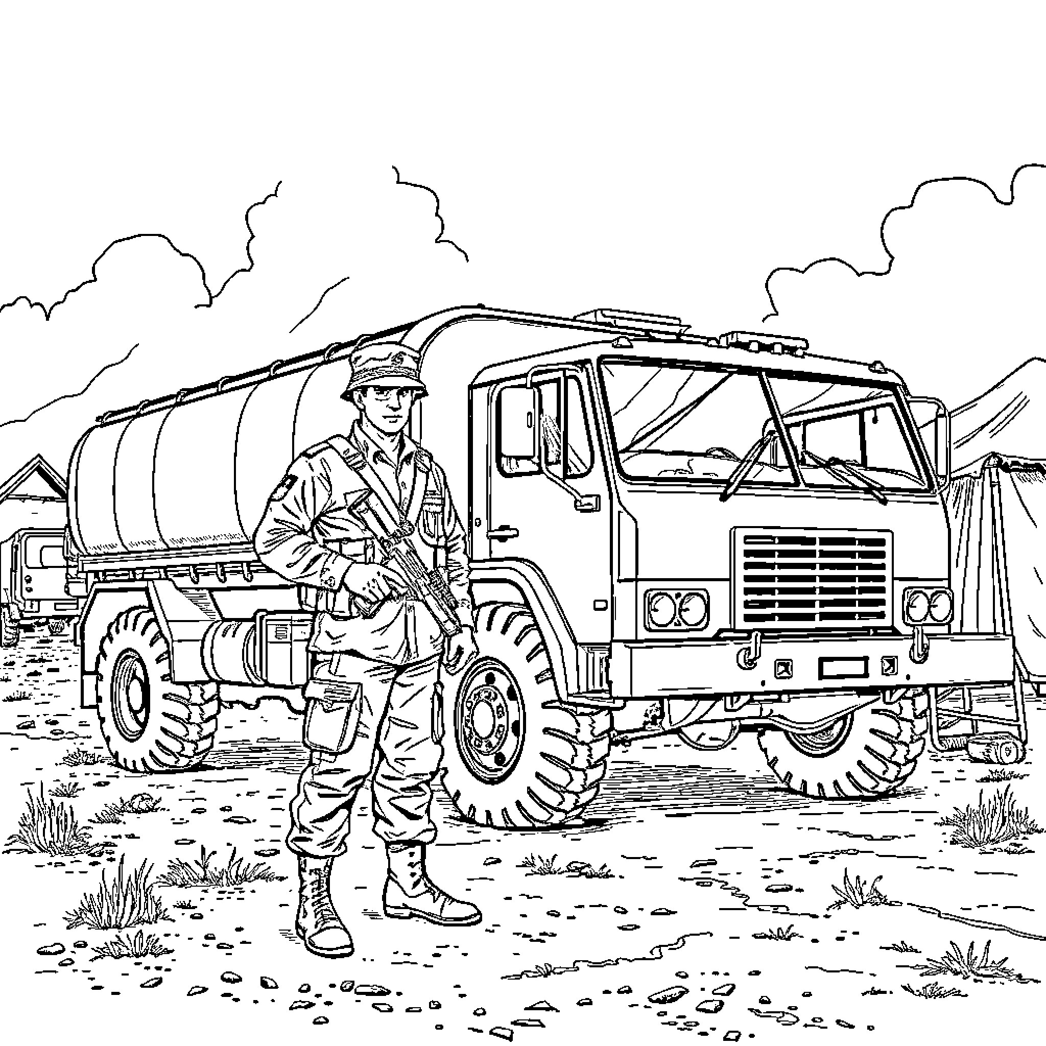 Legionary Soldier Guarding Military Truck in Desert Coloring Page (free black-and-white line drawing printable PDF for all, from beginners to advanced learners, including children, teens, adults, and seniors)