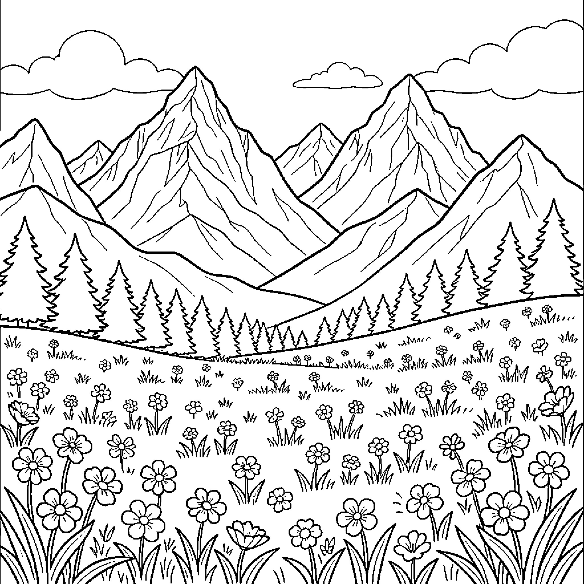 Mountain Meadow with Wildflowers and Peaks Coloring Page (free black-and-white line drawing printable PDF for all, from beginners to advanced learners, including children, teens, adults, and seniors)