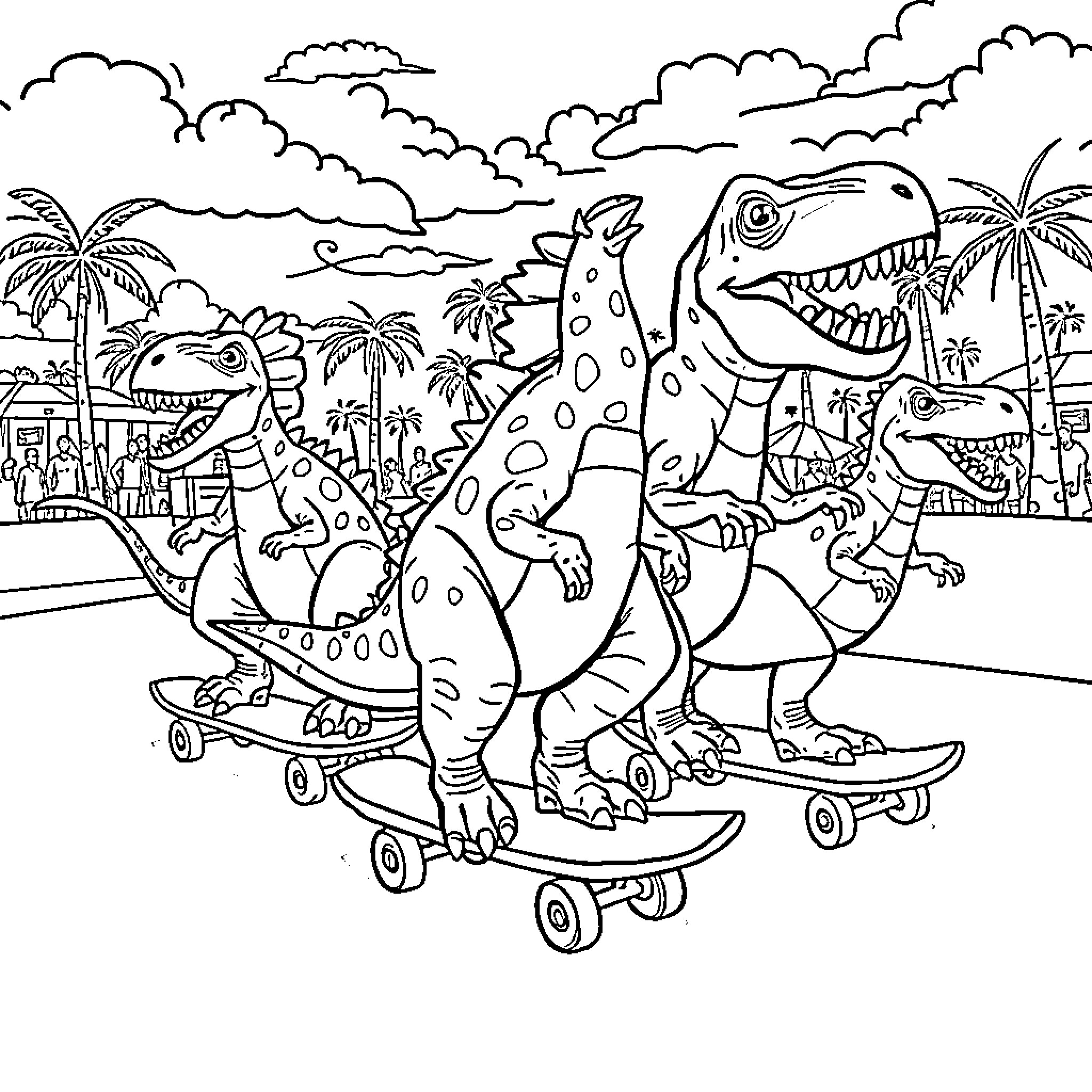 Dinosaurs skateboarding in a tropical landscape Coloring Page (free black-and-white line drawing printable PDF for all, from beginners to advanced learners, including children, teens, adults, and seniors)
